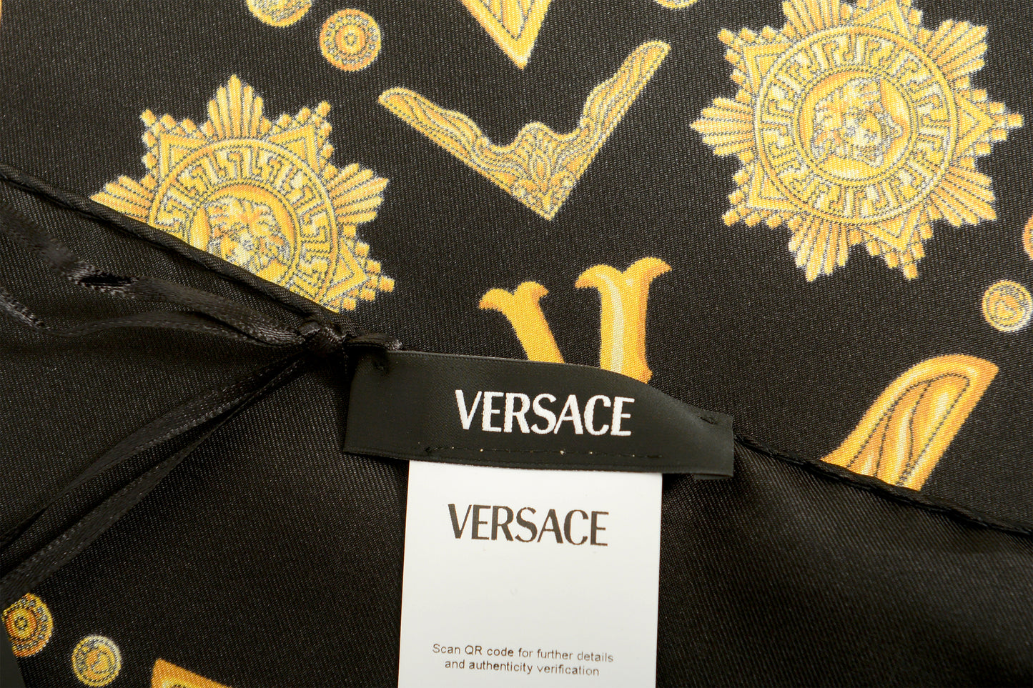 Versace Black & Gold Versace Signature Print 100% Silk Shawl Scarf Bandana