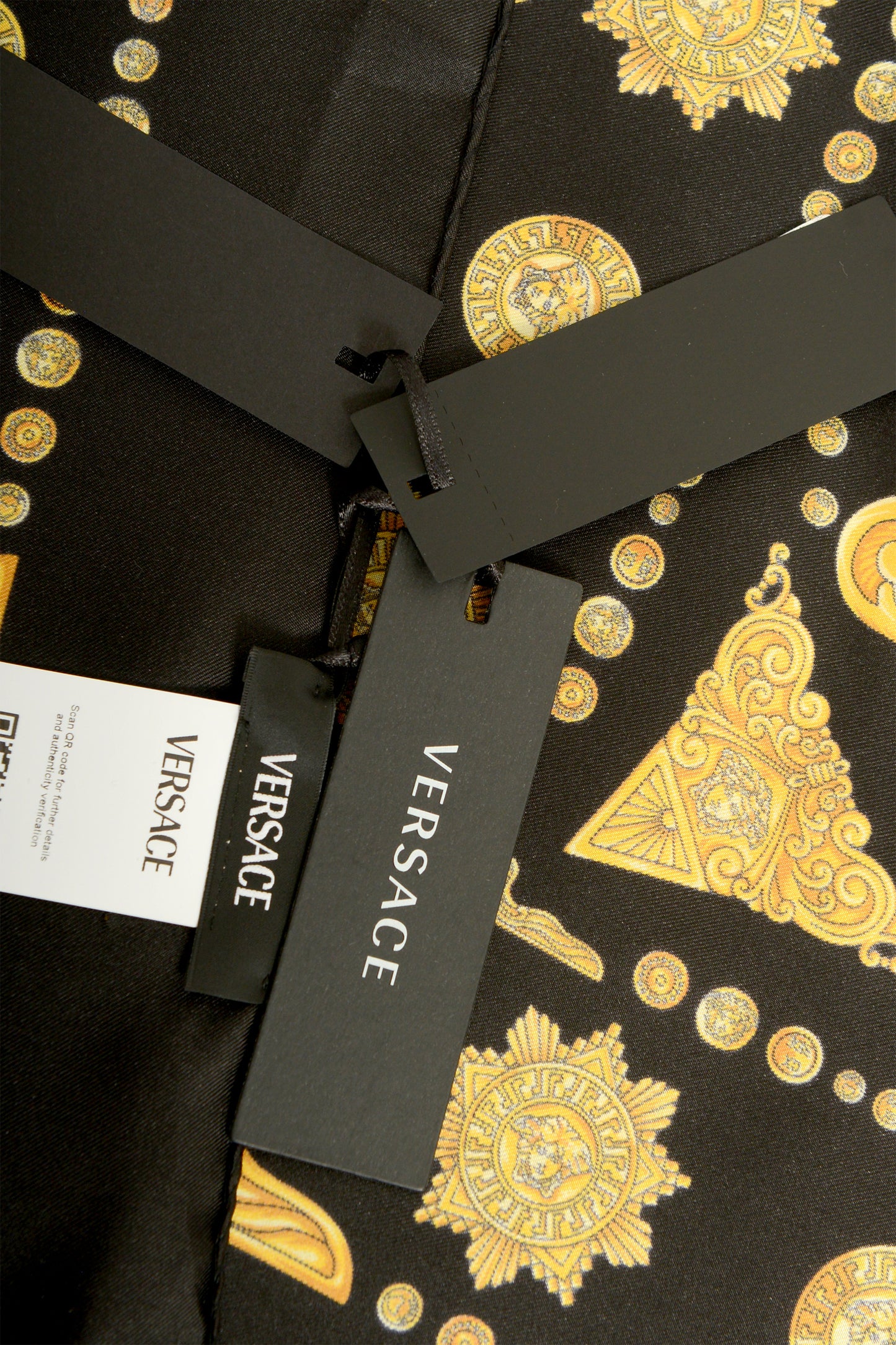 Versace Black & Gold Versace Signature Print 100% Silk Shawl Scarf Bandana