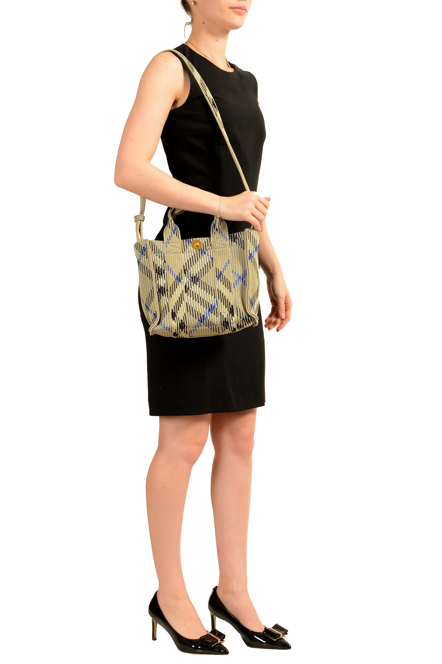 Burberry "Mn Knit Tote" Lichen Plaid Handbag Shoulder Tote Bag