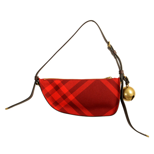 Burberry "Ls Knit Baguette" Leather Trimmed Scarlet Plaid Handbag Shoulder Bag