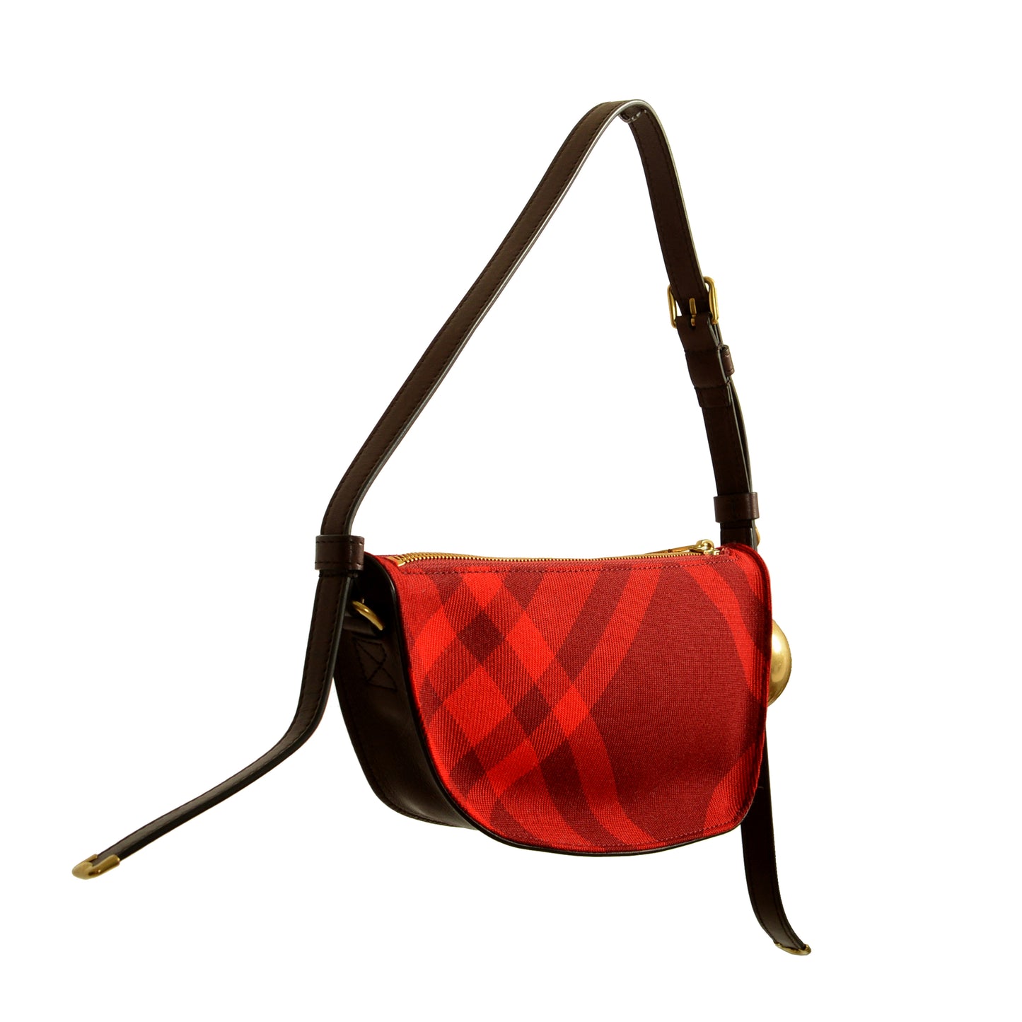 Burberry "Ls Knit Baguette" Leather Trimmed Scarlet Plaid Handbag Shoulder Bag