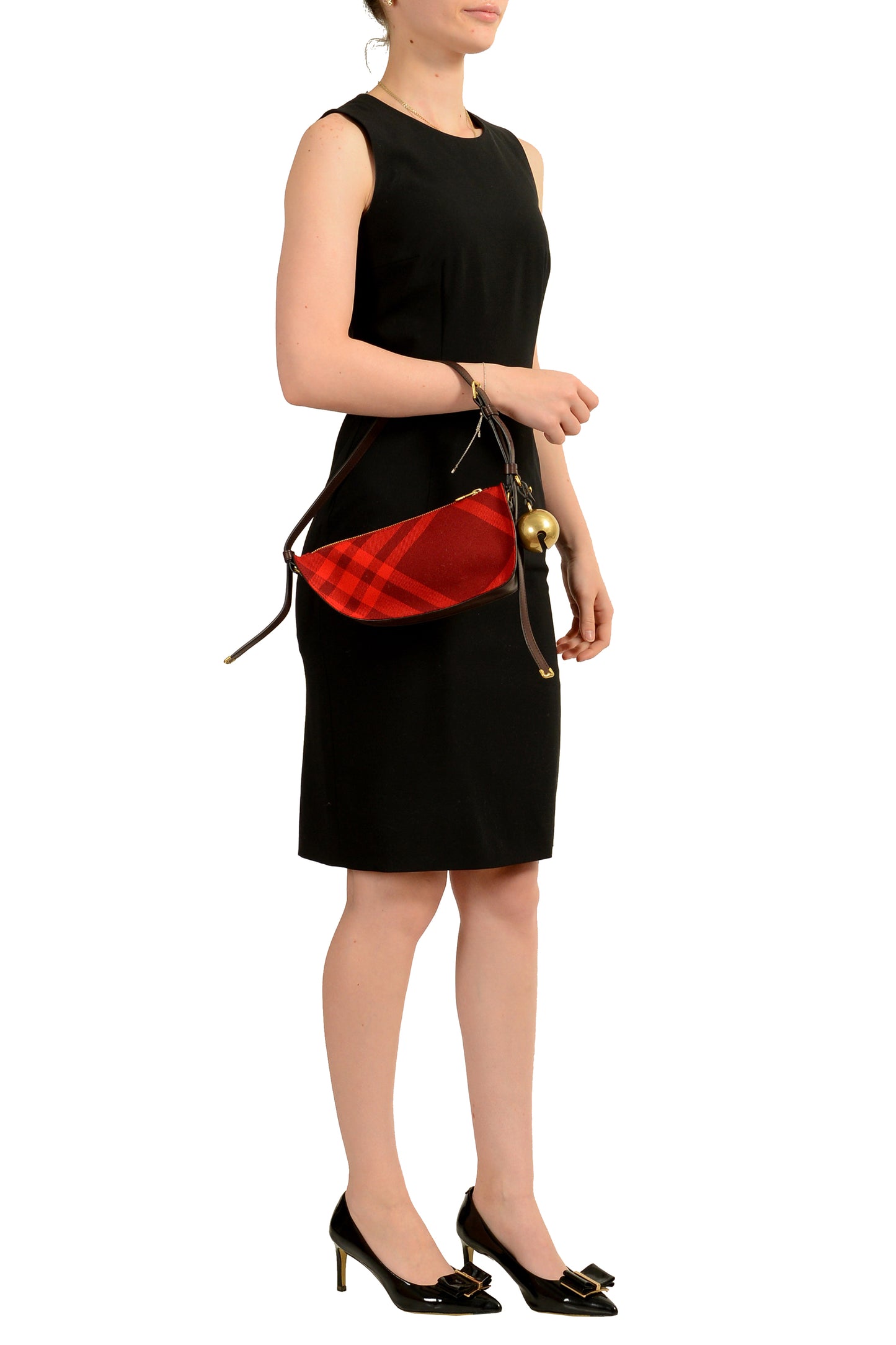 Burberry "Ls Knit Baguette" Leather Trimmed Scarlet Plaid Handbag Shoulder Bag