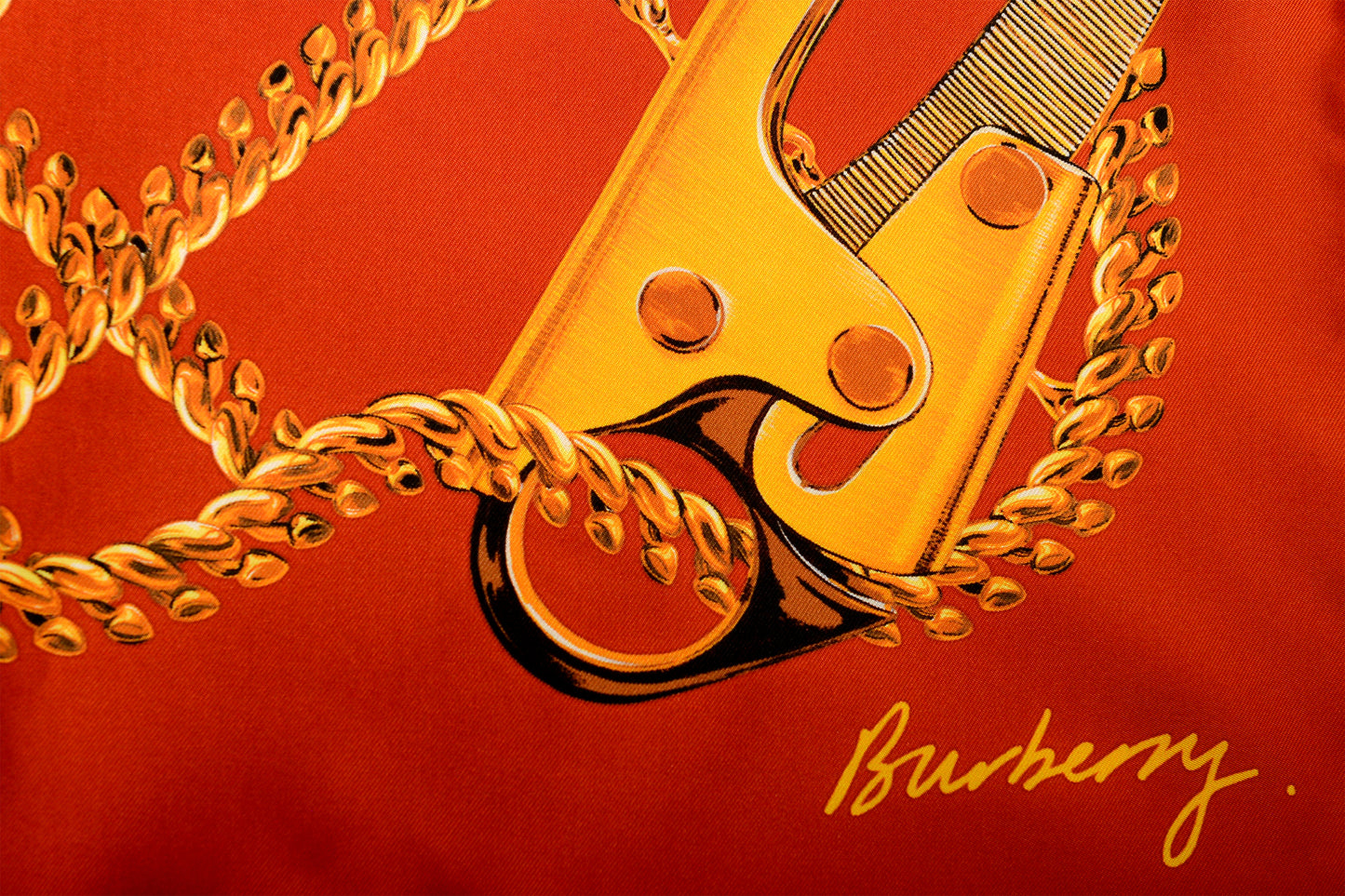 Burberry "Chain Check SLK SQ" Red & Gold Large 100% Silk Square Scarf