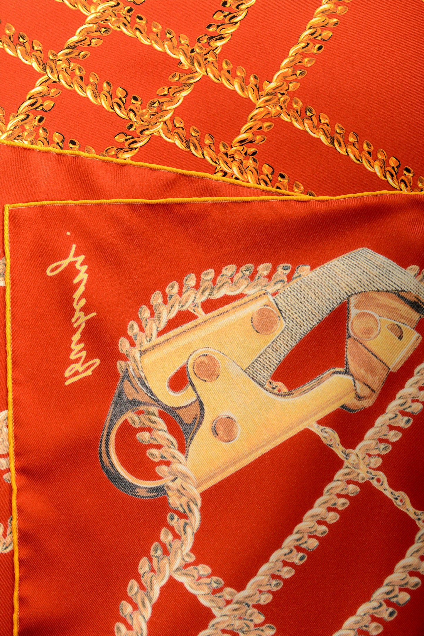 Burberry "Chain Check SLK SQ" Red & Gold Large 100% Silk Square Scarf