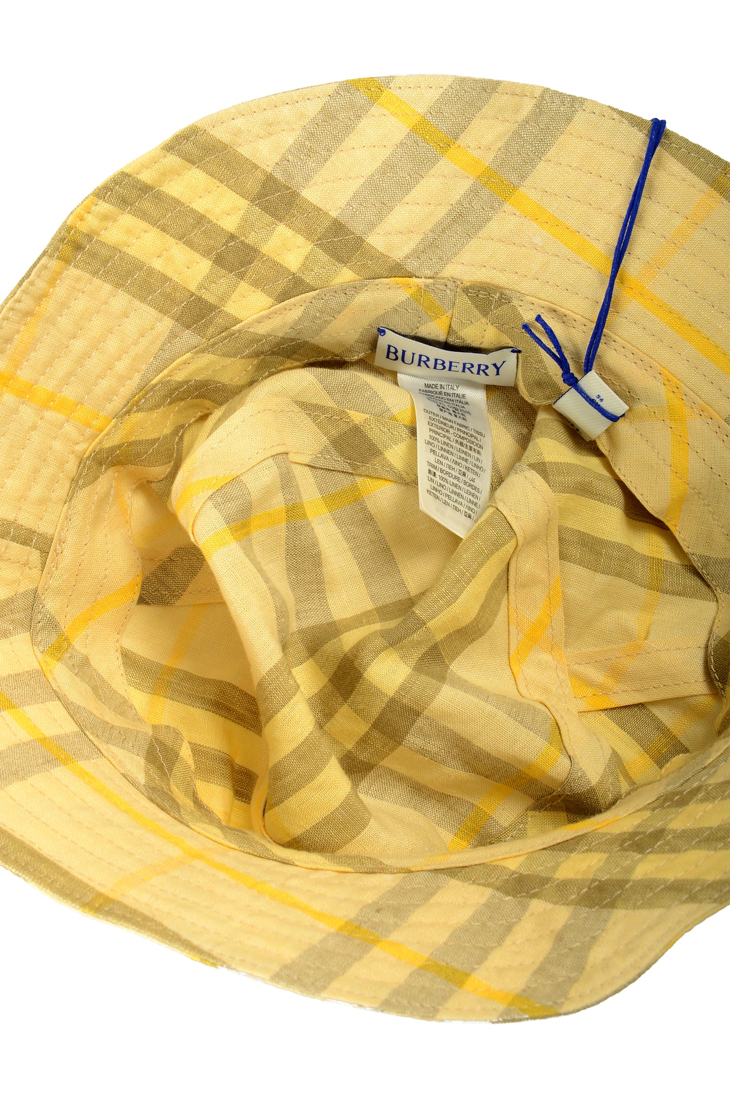 Burberry "Classic Bucket" 100% Linen Check Print Bucket Hat Size M