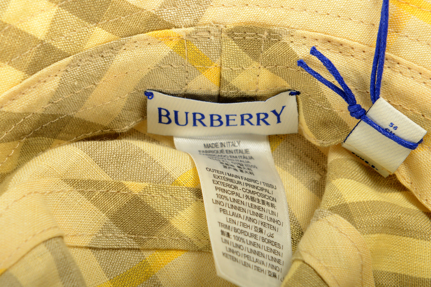 Burberry "Classic Bucket" 100% Linen Check Print Bucket Hat Size M