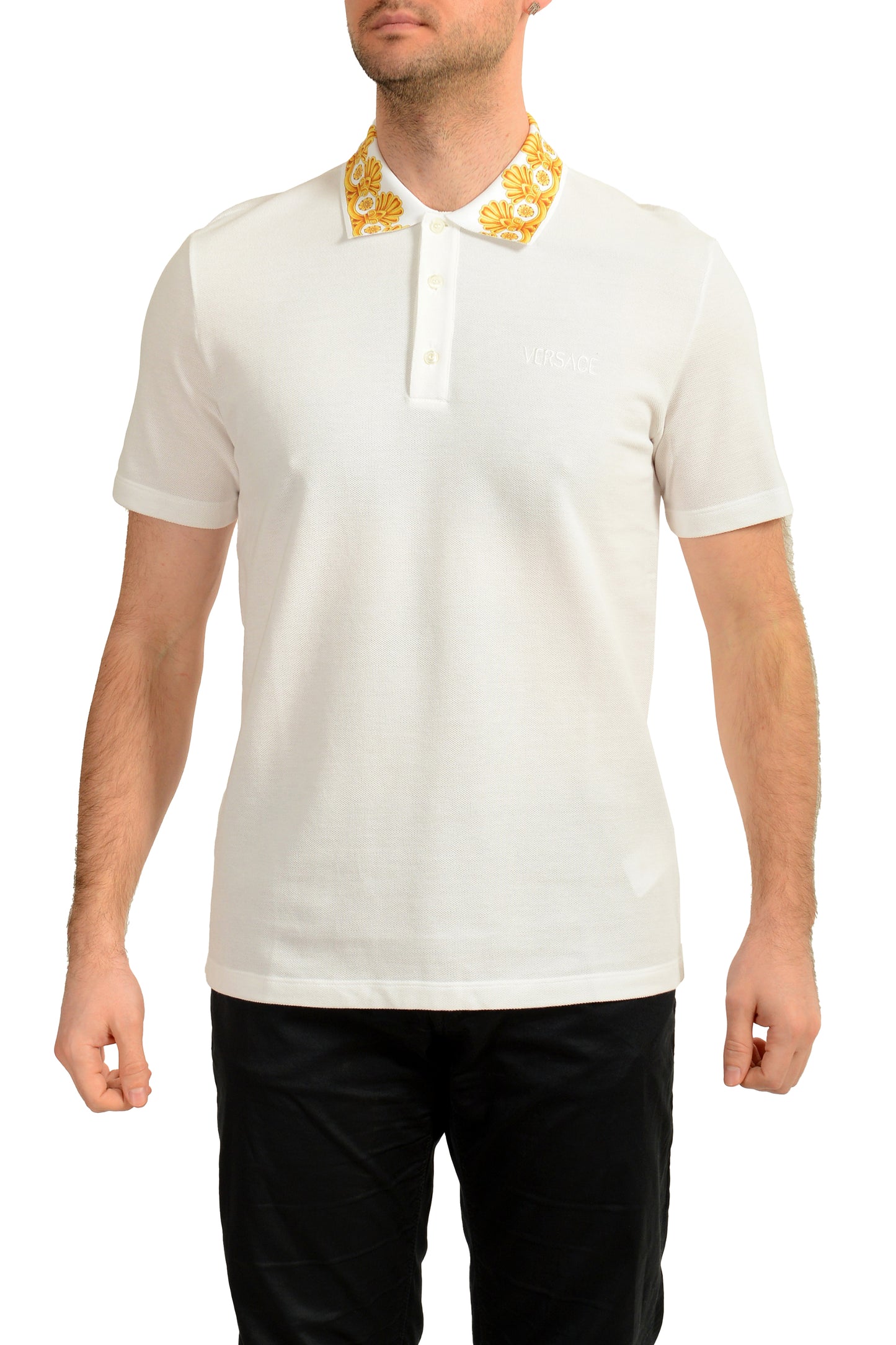 Versace Men's White Barocco Print Short Sleeve Polo Shirt US XS IT 46