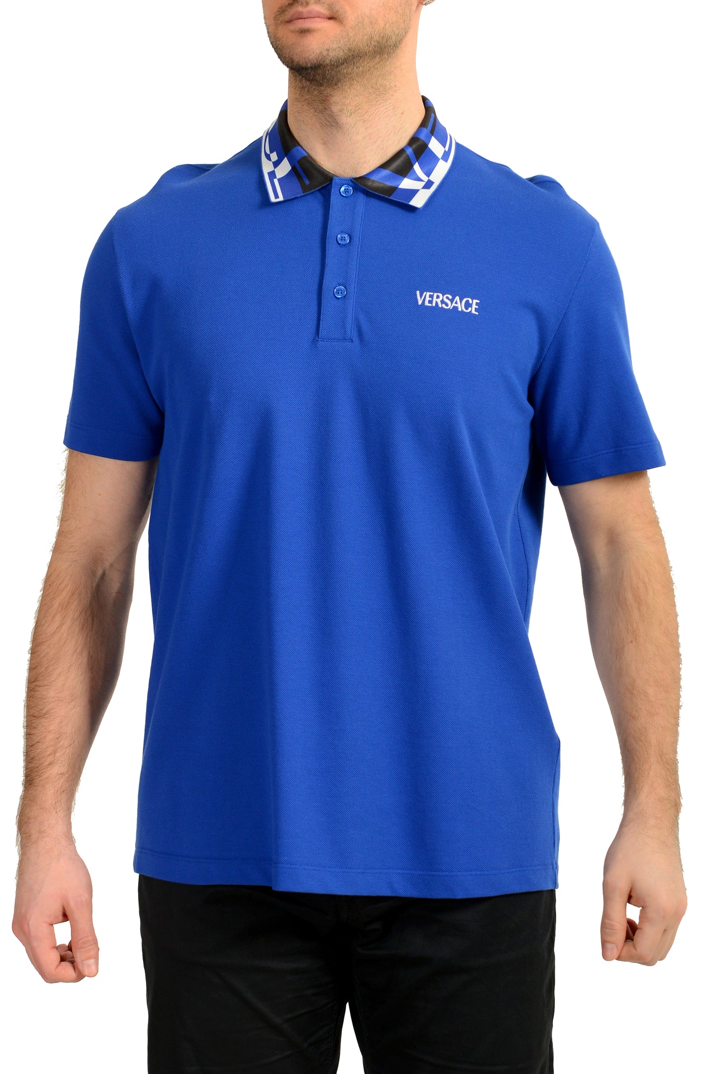 Versace Men's Royal Blue Logo Embroidery Short Sleeve Polo Shirt US 4XL IT 60