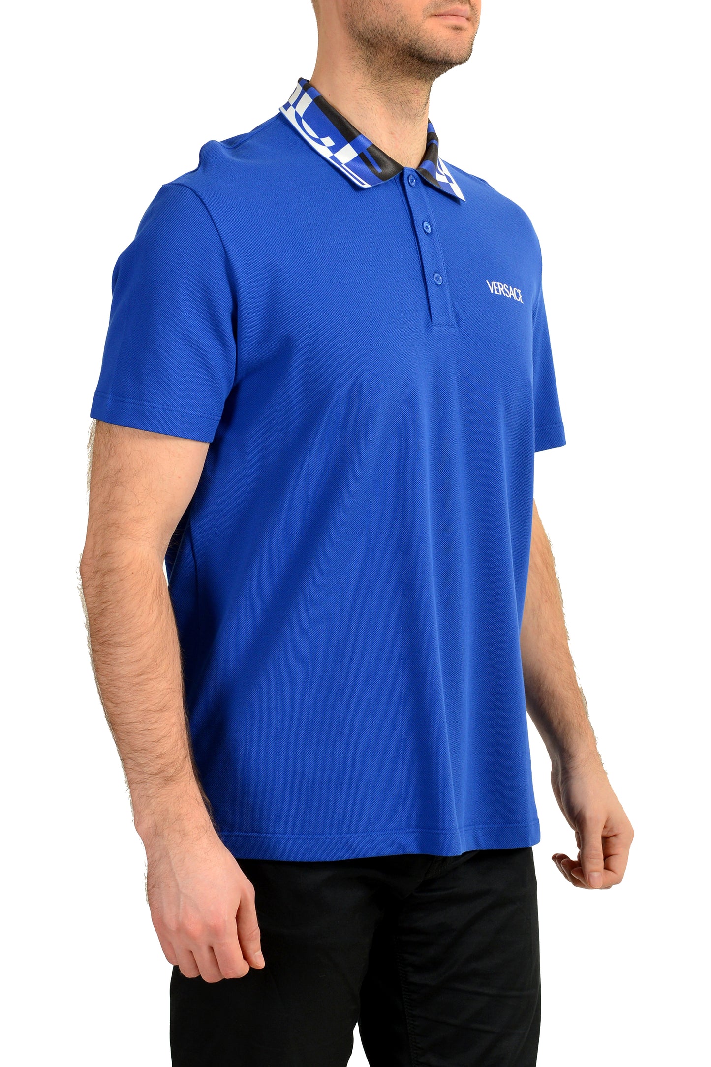 Versace Men's Royal Blue Logo Embroidery Short Sleeve Polo Shirt US M IT 50