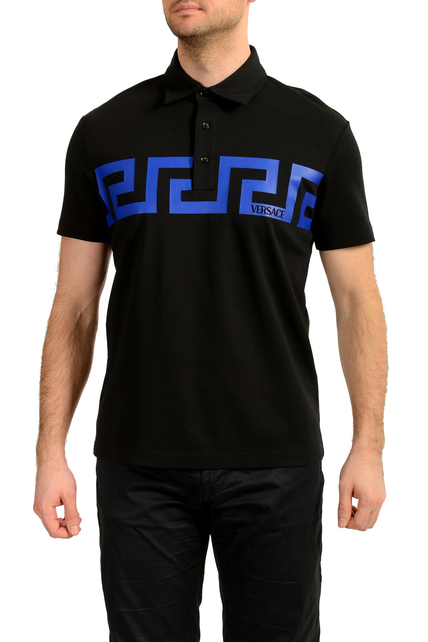Versace Men's Black "Greca Print" Short Sleeve Polo Shirt US L IT 52