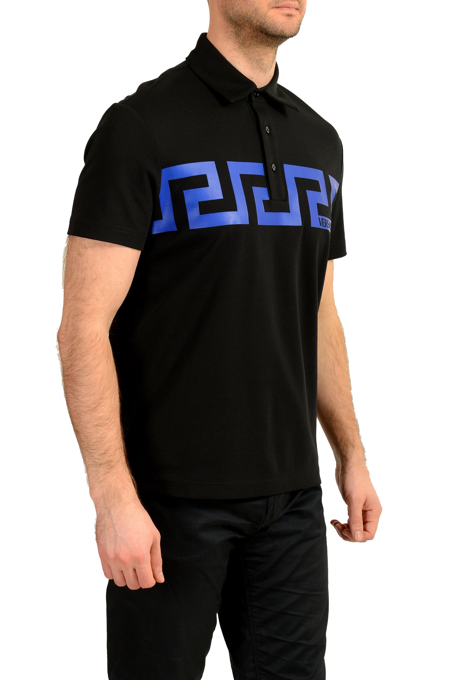 Versace Men's Black "Greca Print" Short Sleeve Polo Shirt US L IT 52