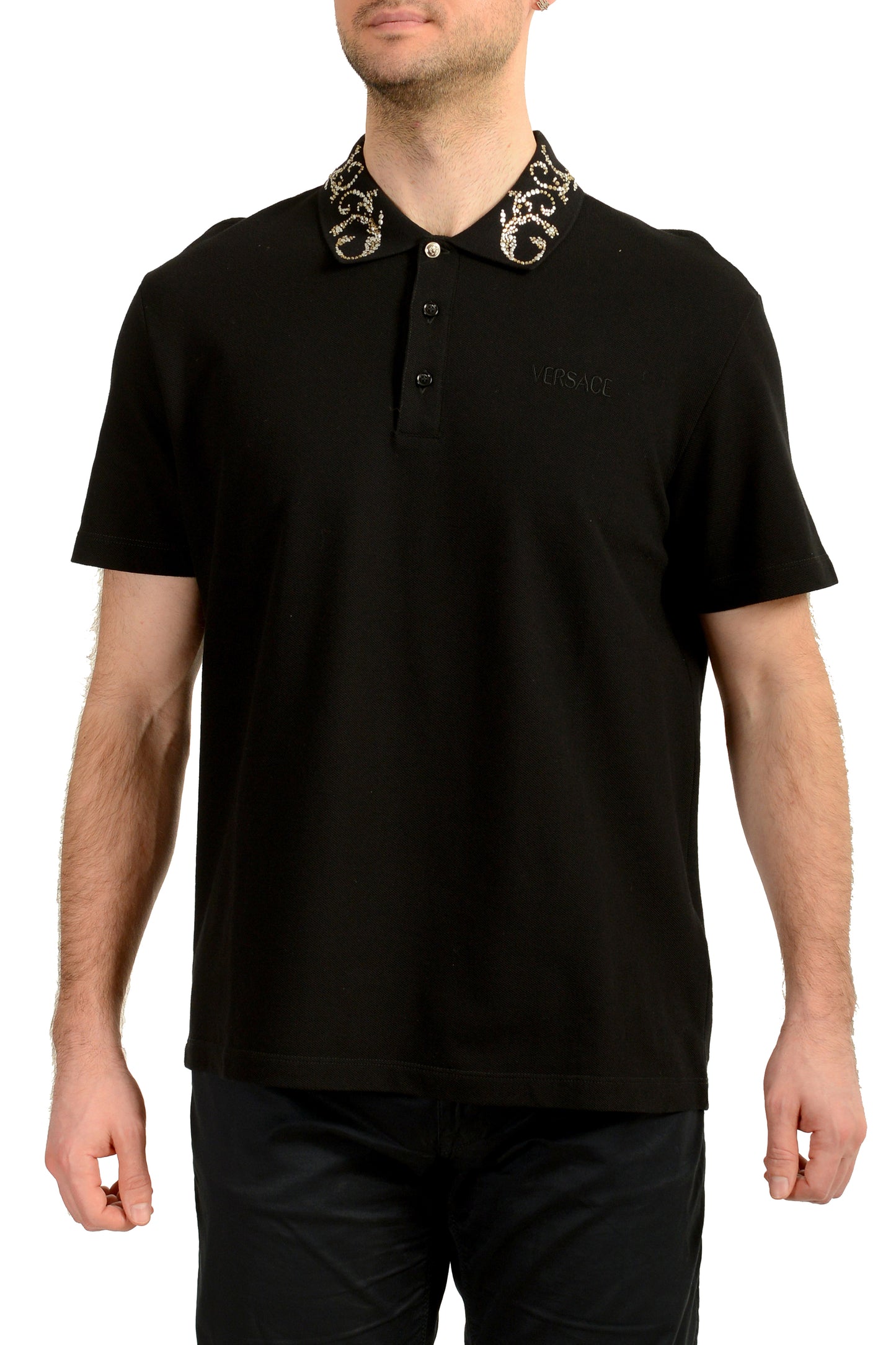 Versace Men's Black Logo Embroidery Short Sleeve Polo Shirt US XL IT 54
