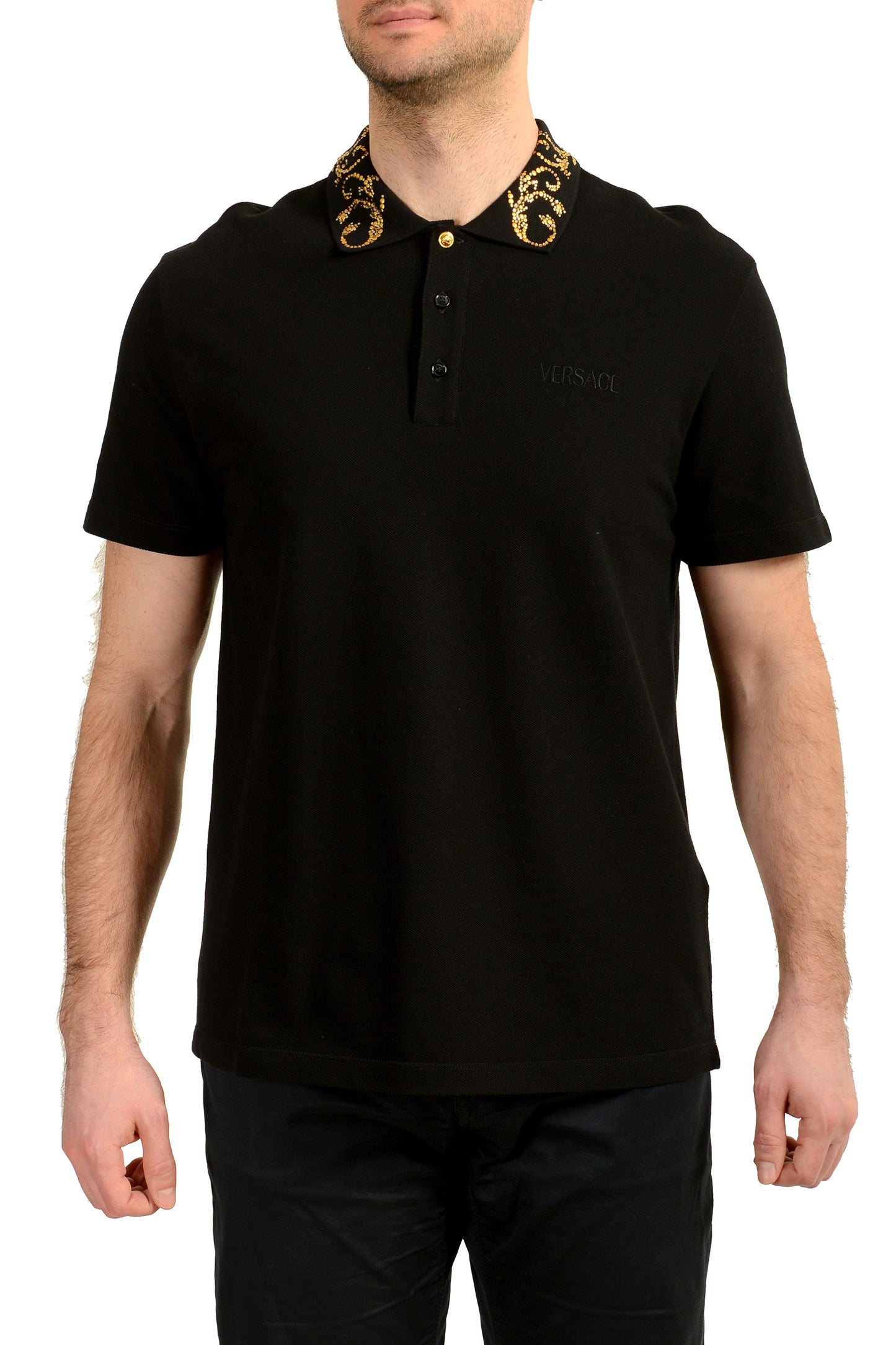 Versace Men's Black Logo Embroidery Short Sleeve Polo Shirt US L IT 52