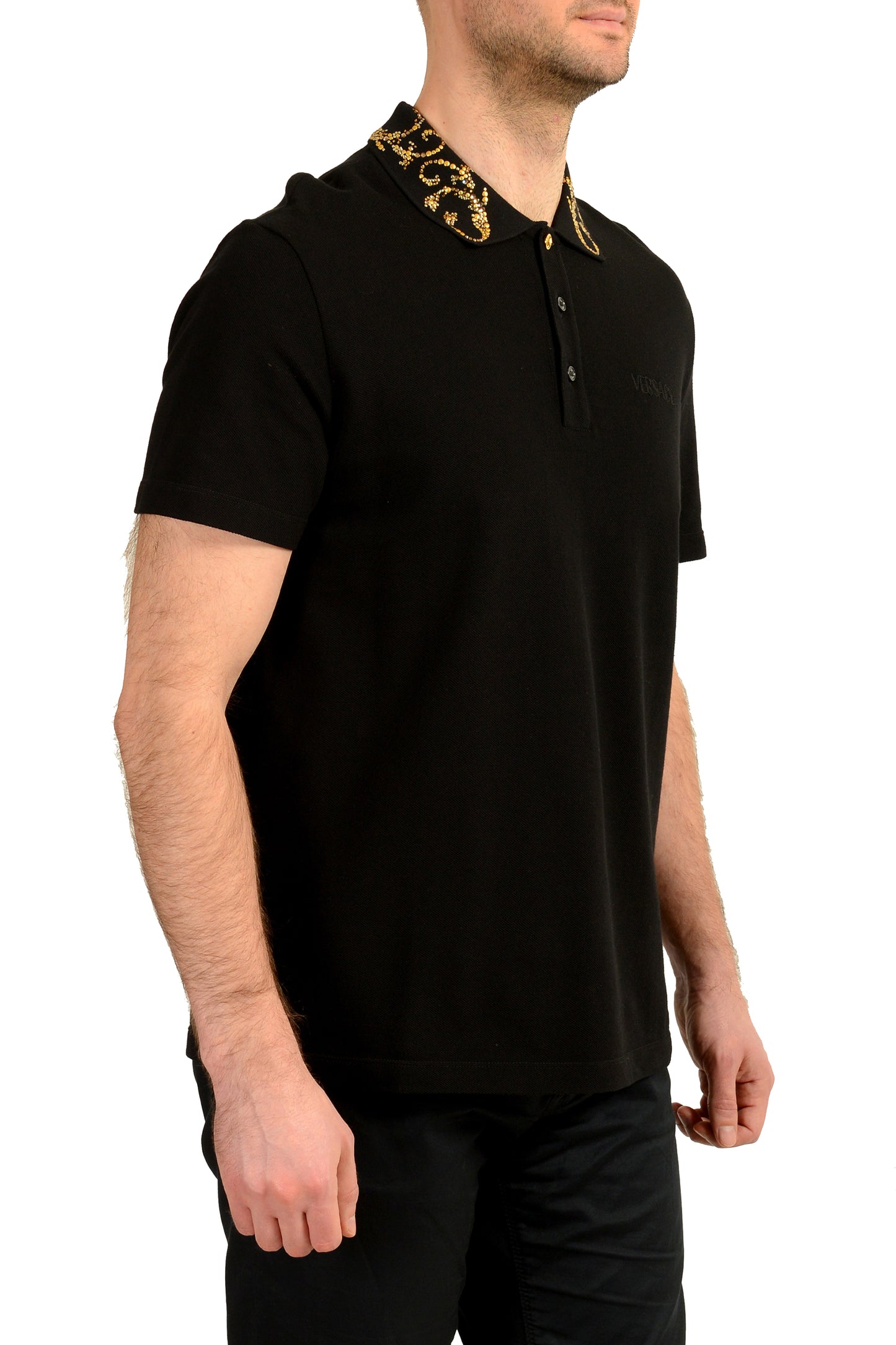 Versace Men's Black Logo Embroidery Short Sleeve Polo Shirt US L IT 52