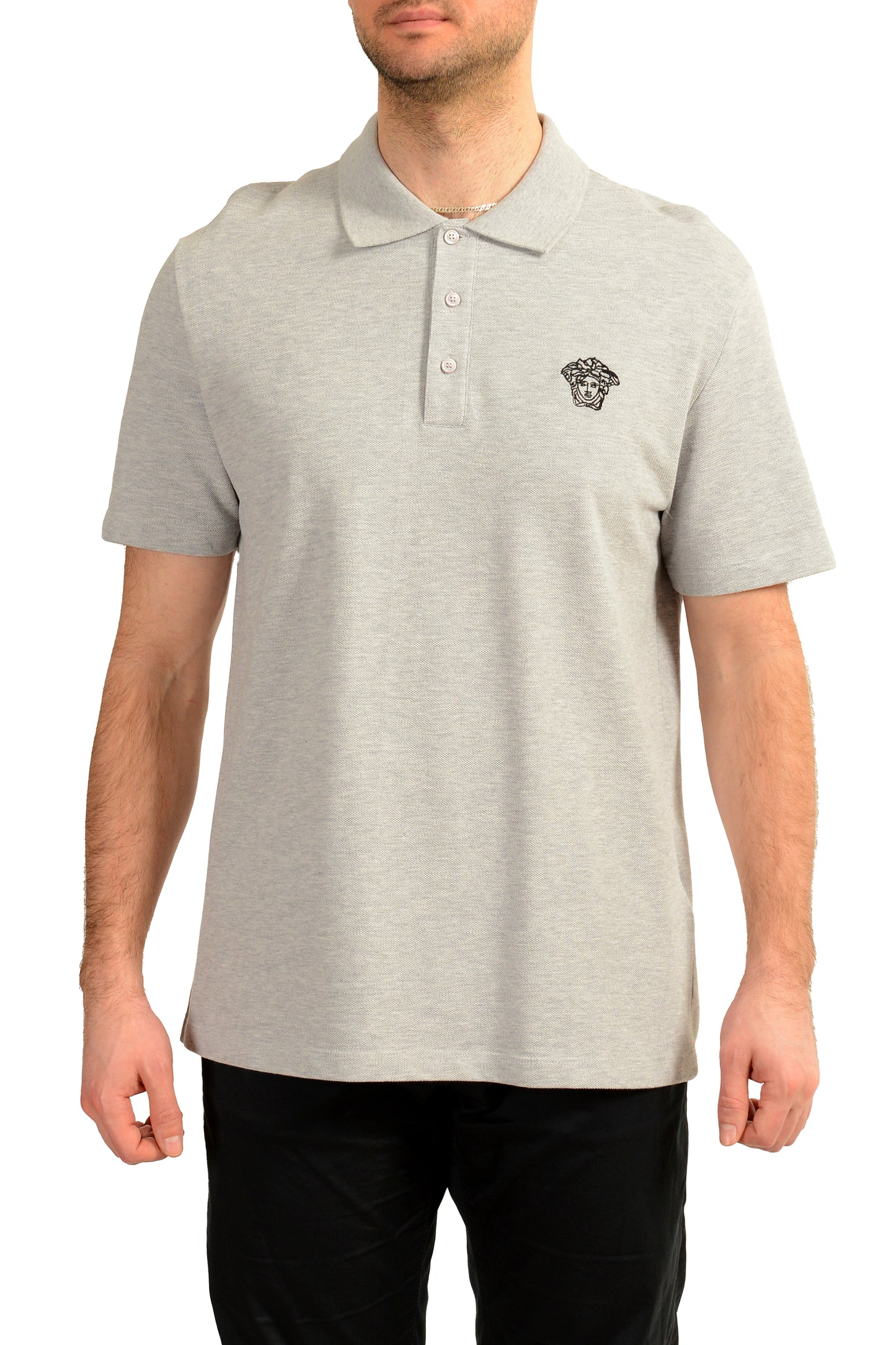 Versace Men's Gray Medusa Logo Embroidery Short Sleeve Polo Shirt US XL IT 54