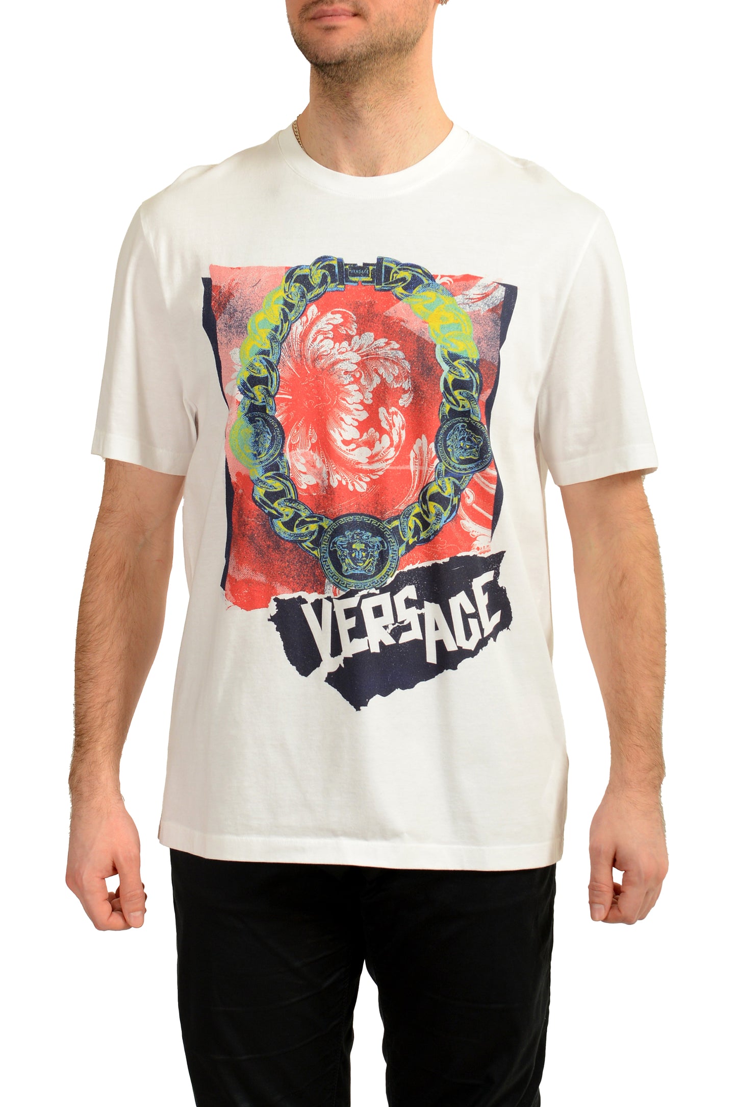 Versace Men's White Graphic Print Short Sleeve T-Shirt US M IT 50