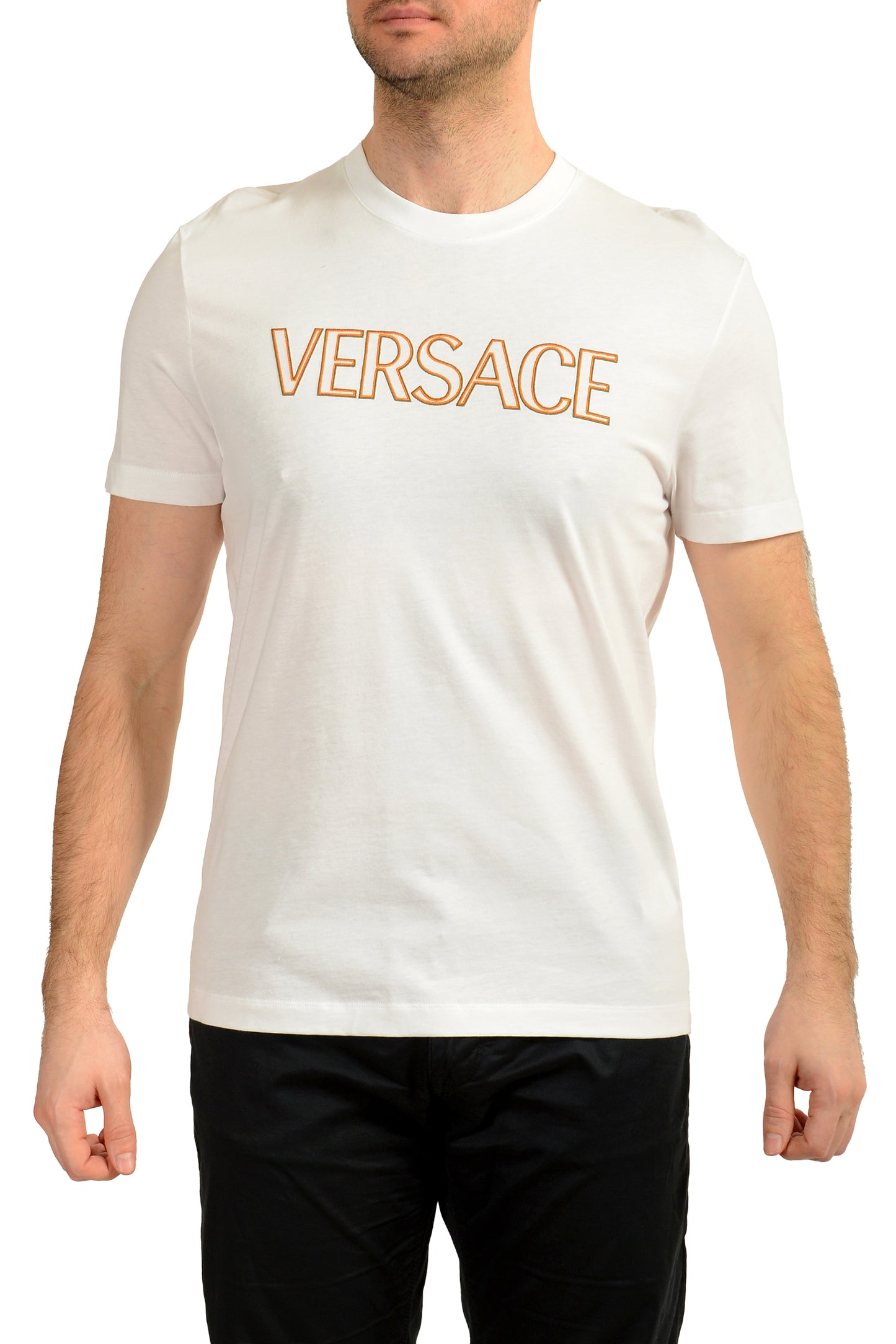 Versace Men's White Logo Embroidered Crewneck Short Sleeve T-Shirt US L IT 52