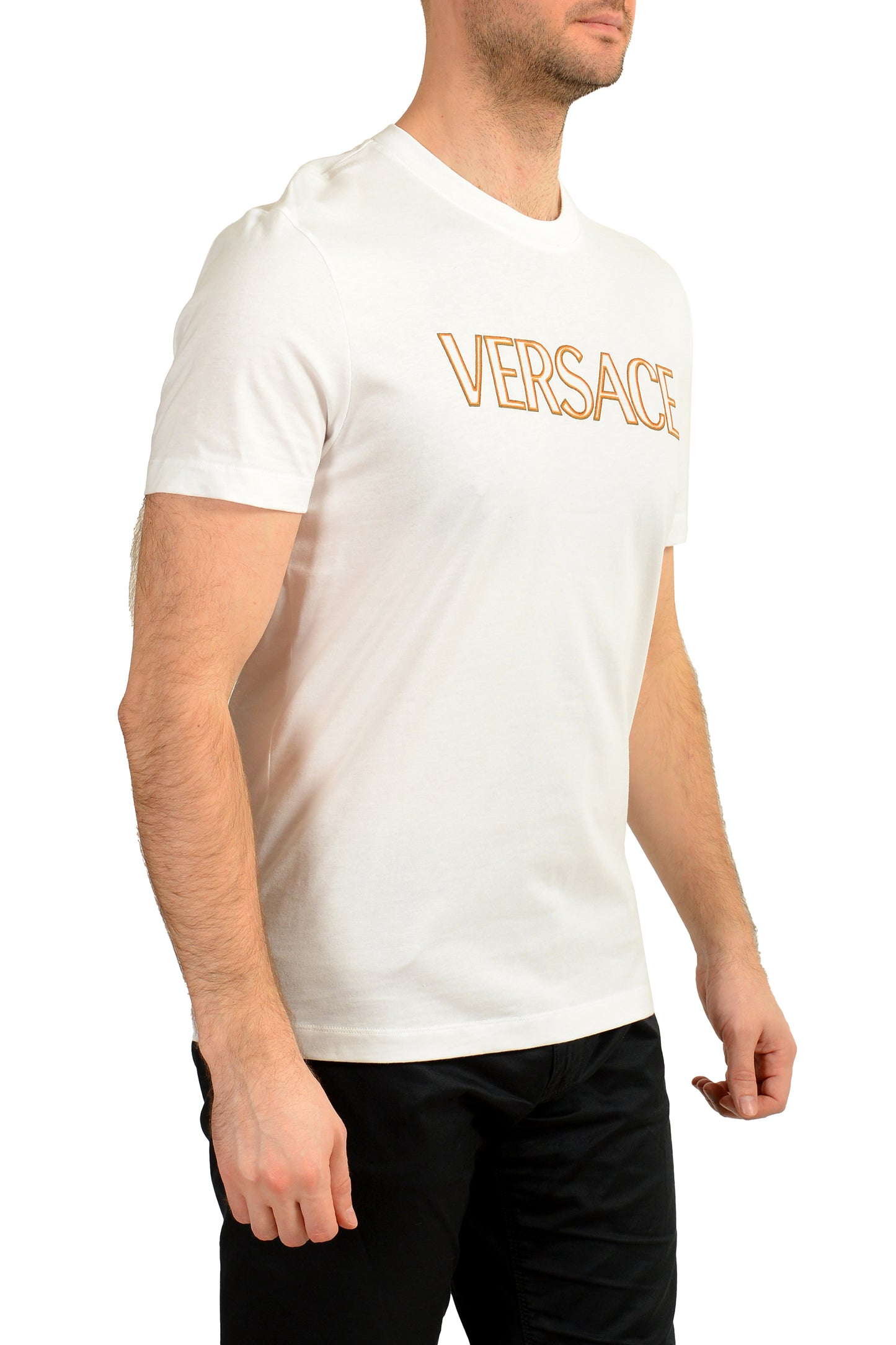 Versace Men's White Logo Embroidered Crewneck Short Sleeve T-Shirt US M IT 50