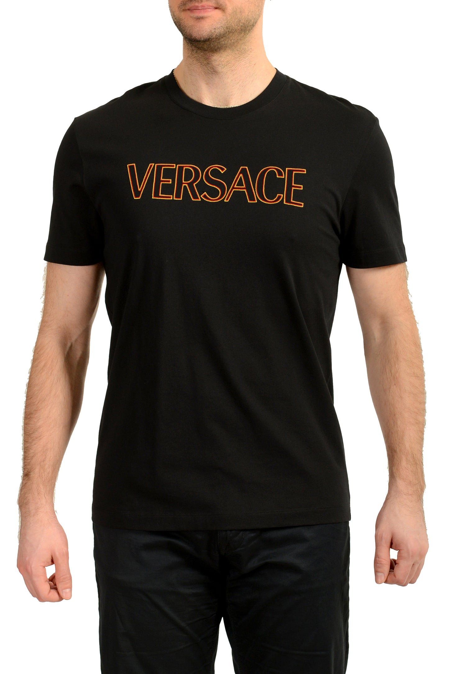 Versace Men's Black Logo Embroidered Crewneck Short Sleeve T-Shirt US XL IT 54