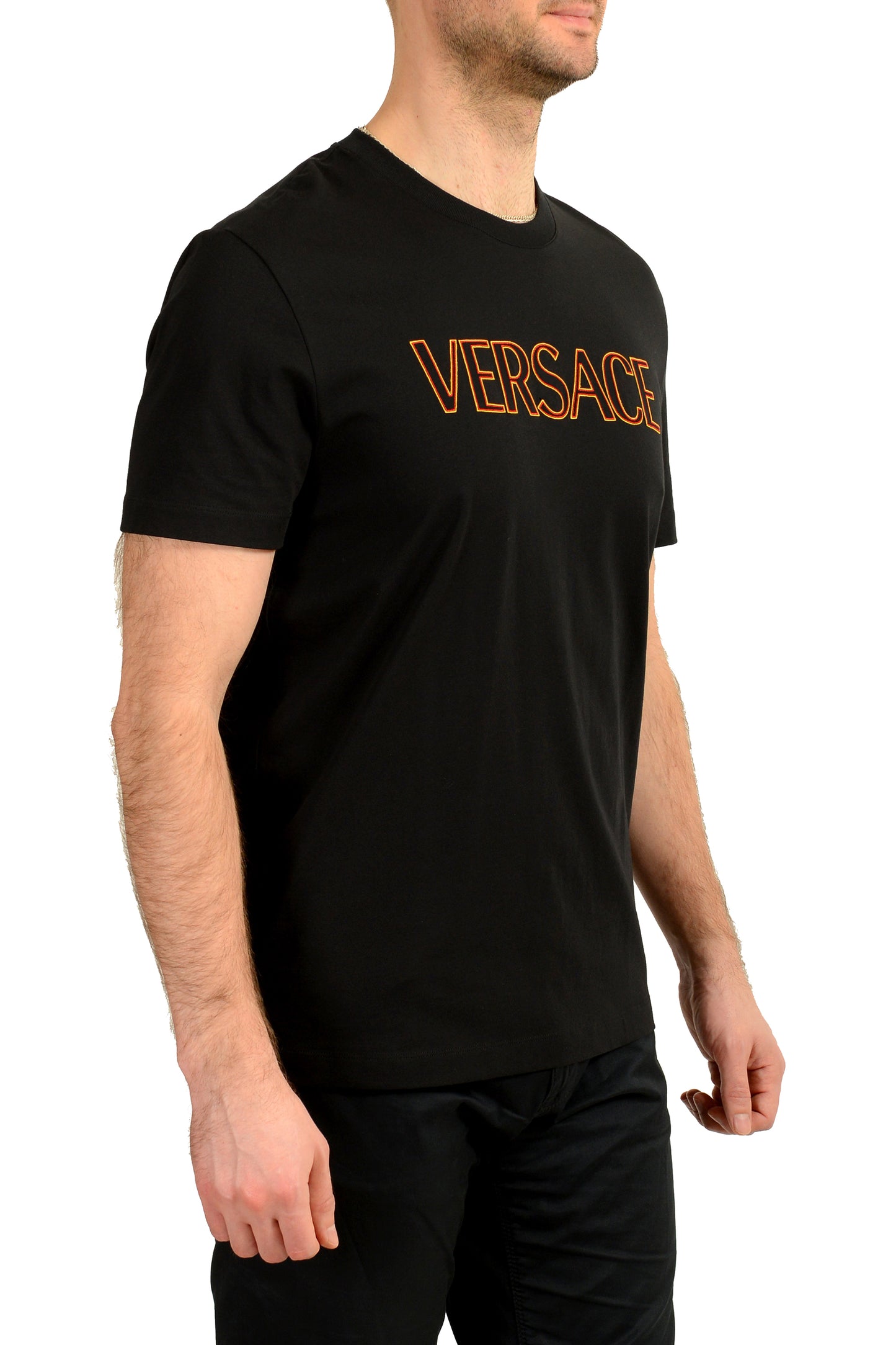 Versace Men's Black Logo Embroidered Crewneck Short Sleeve T-Shirt US L IT 52