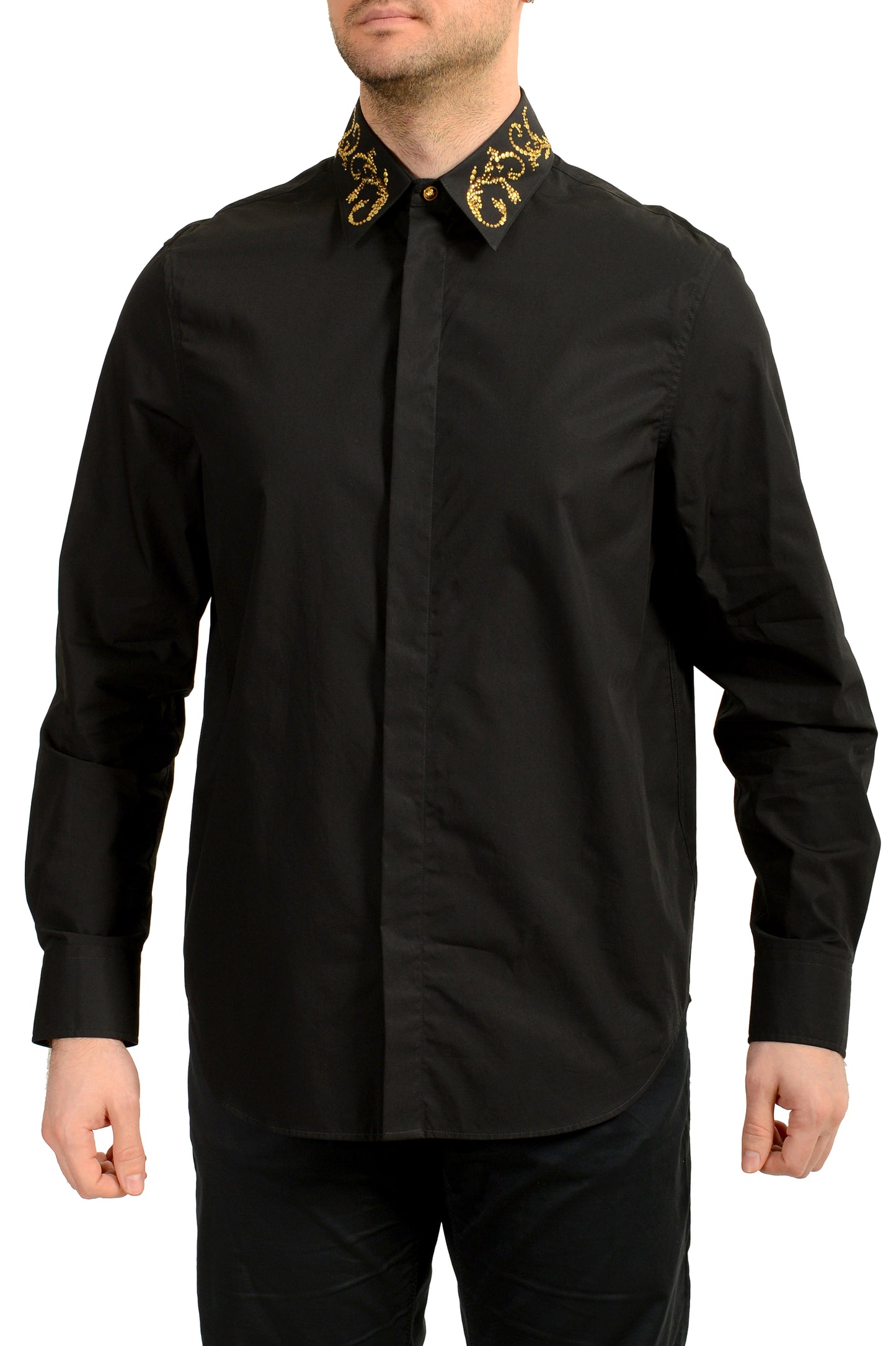 Versace Men's Black & Gold Collar Embellishments Long Sleeve Shirt US S IT 48