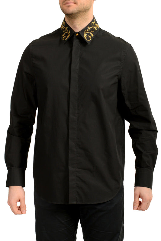 Versace Men's Black & Gold Collar Embellishments Long Sleeve Shirt US S IT 48