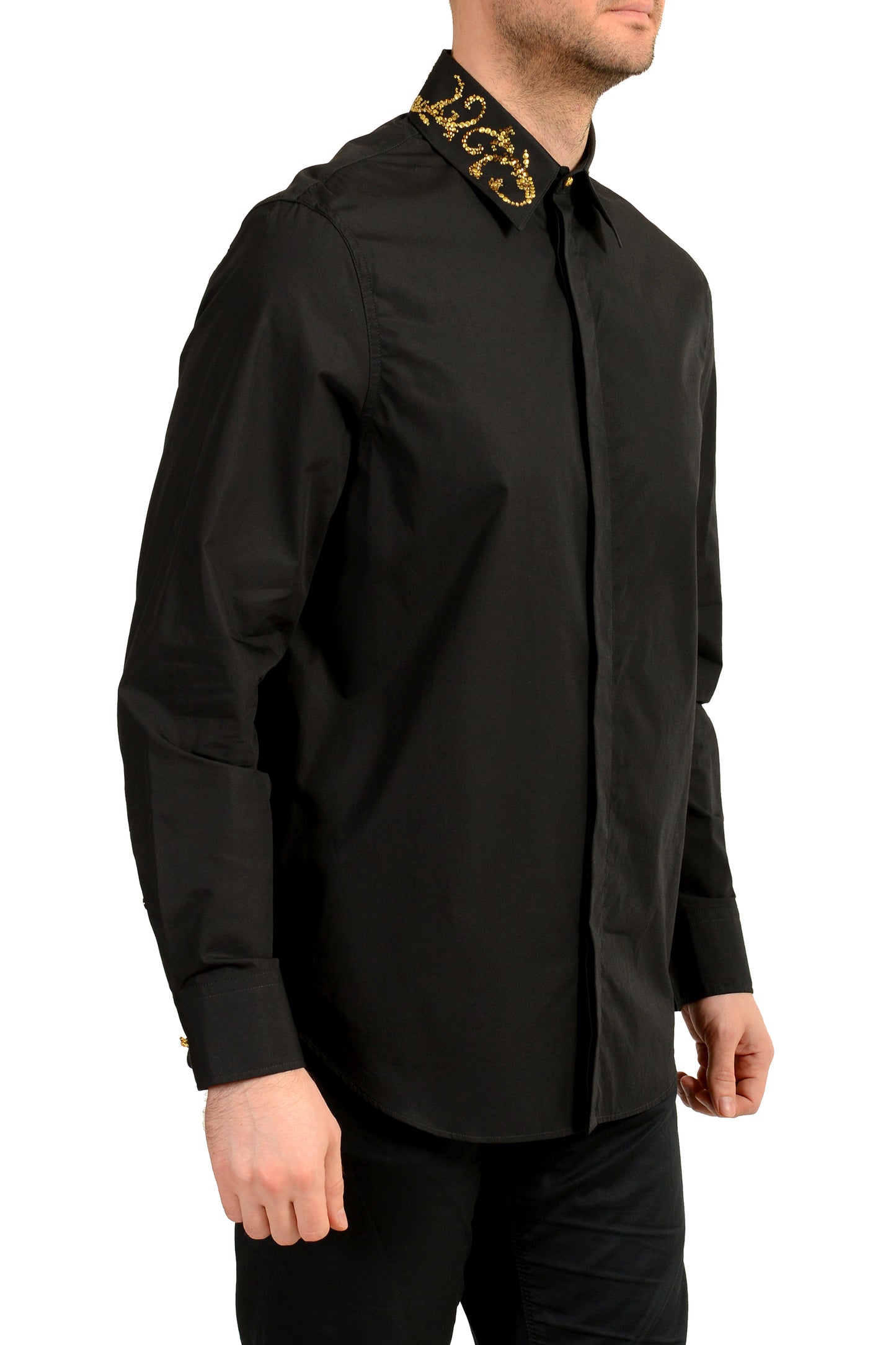 Versace Men's Black & Gold Collar Embellishments Long Sleeve Shirt US S IT 48