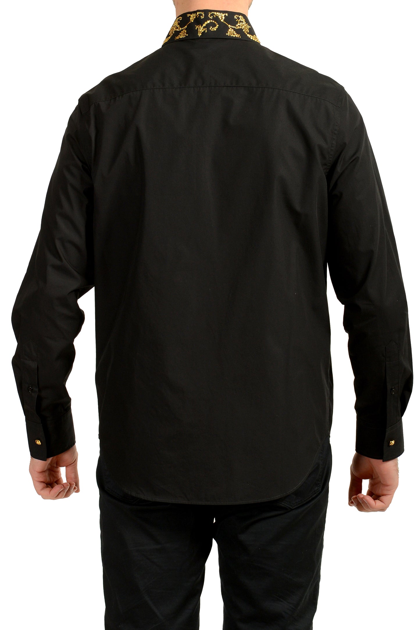 Versace Men's Black & Gold Collar Embellishments Long Sleeve Shirt US S IT 48