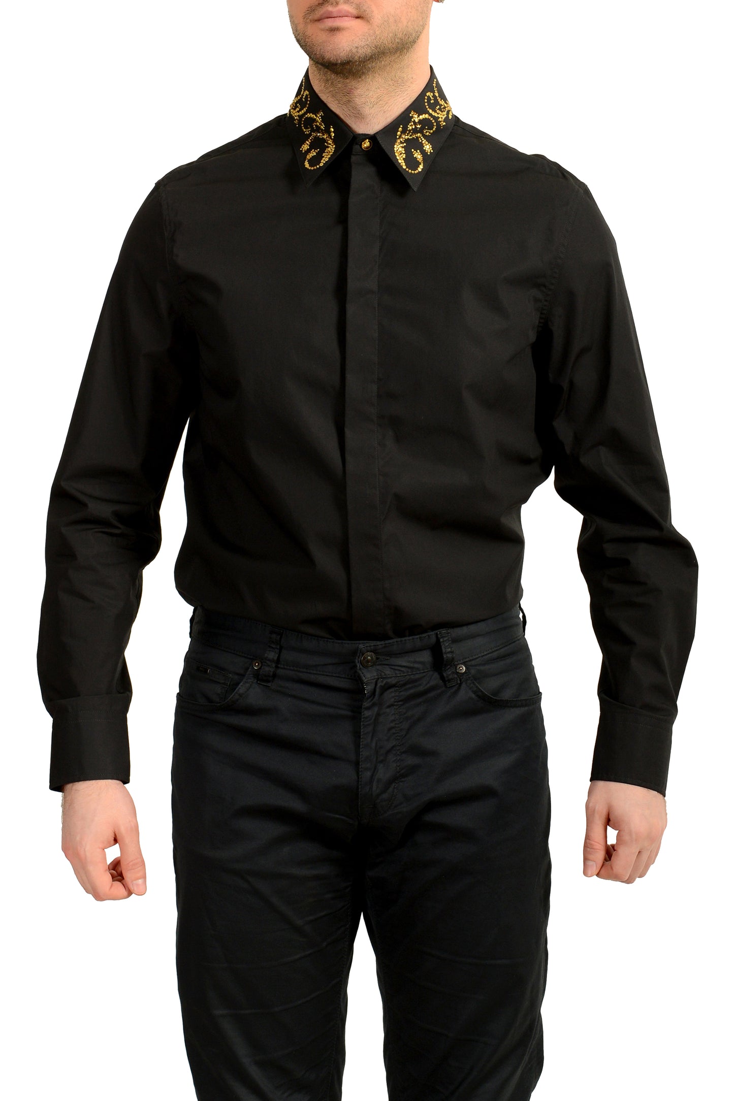 Versace Men's Black & Gold Collar Embellishments Long Sleeve Shirt US S IT 48