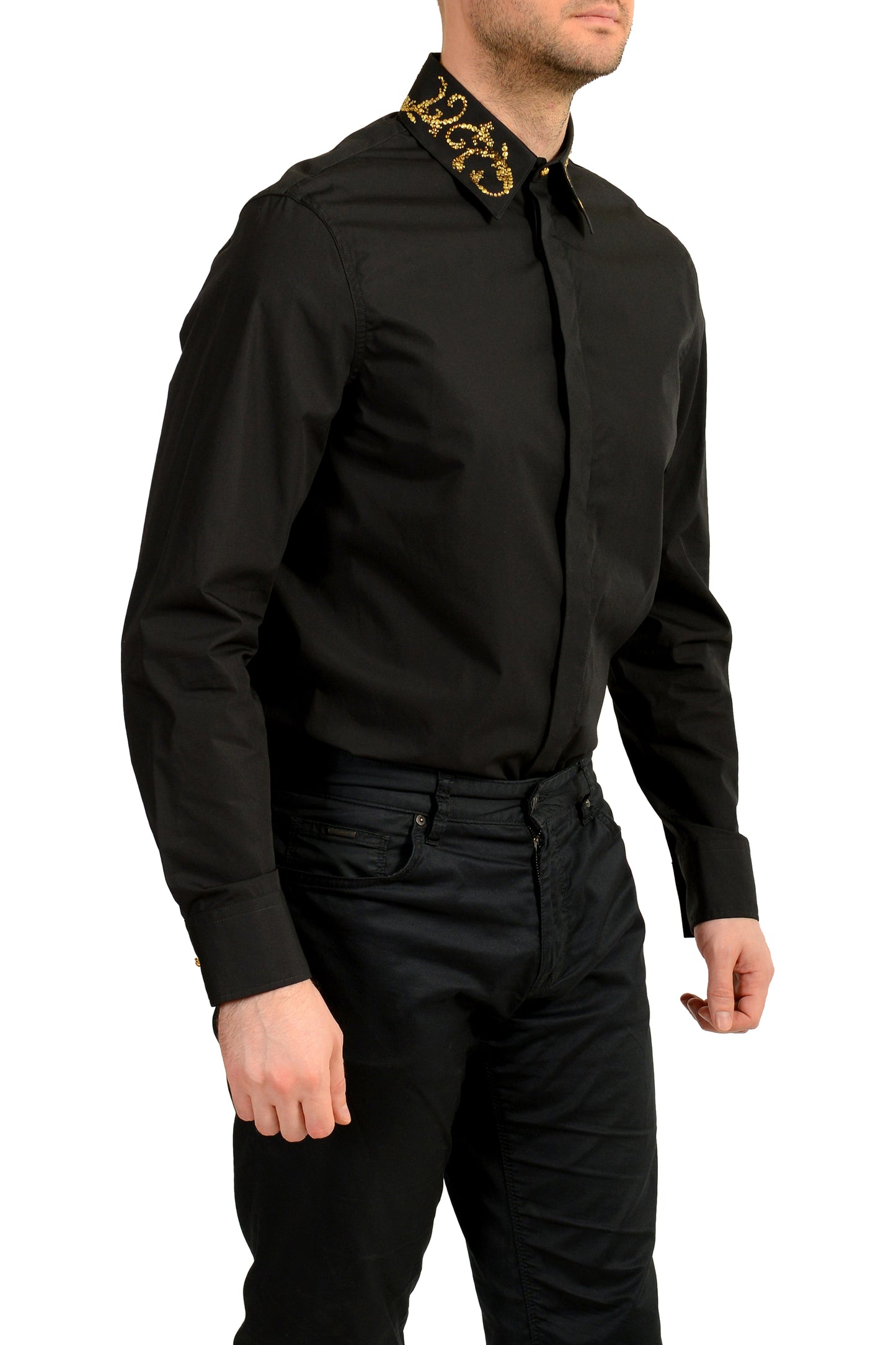 Versace Men's Black & Gold Collar Embellishments Long Sleeve Shirt US S IT 48