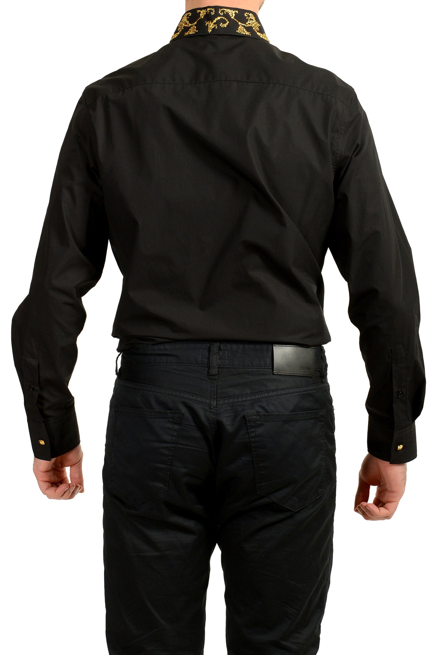 Versace Men's Black & Gold Collar Embellishments Long Sleeve Shirt US S IT 48