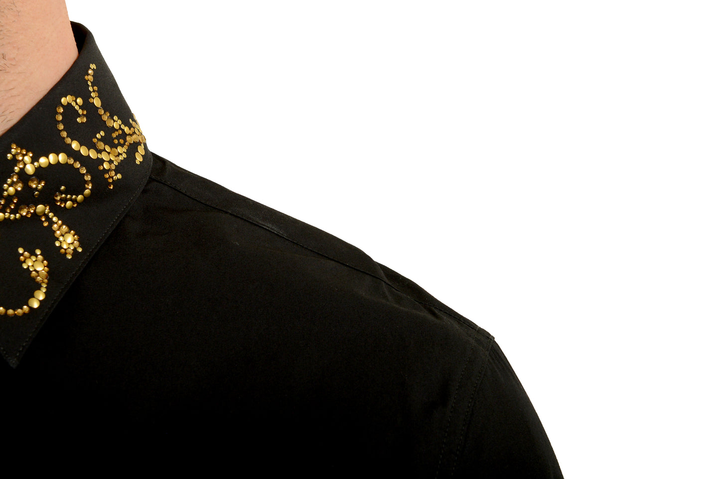 Versace Men's Black & Gold Collar Embellishments Long Sleeve Shirt US S IT 48