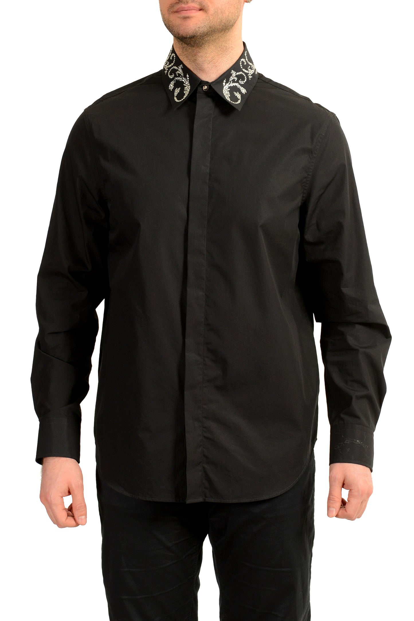 Versace Men's Black & Silver Collar Embellishments Long Sleeve Shirt US XL IT 54