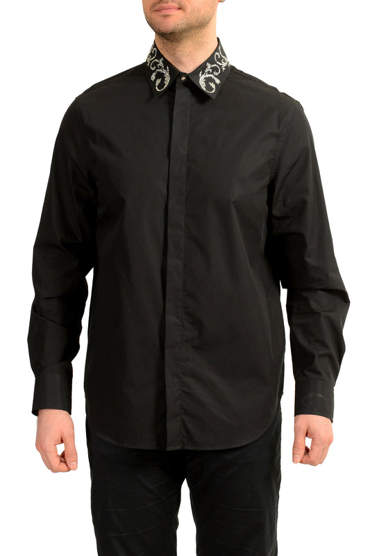 Versace Men's Black & Silver Collar Embellishments Long Sleeve Shirt US XL IT 54