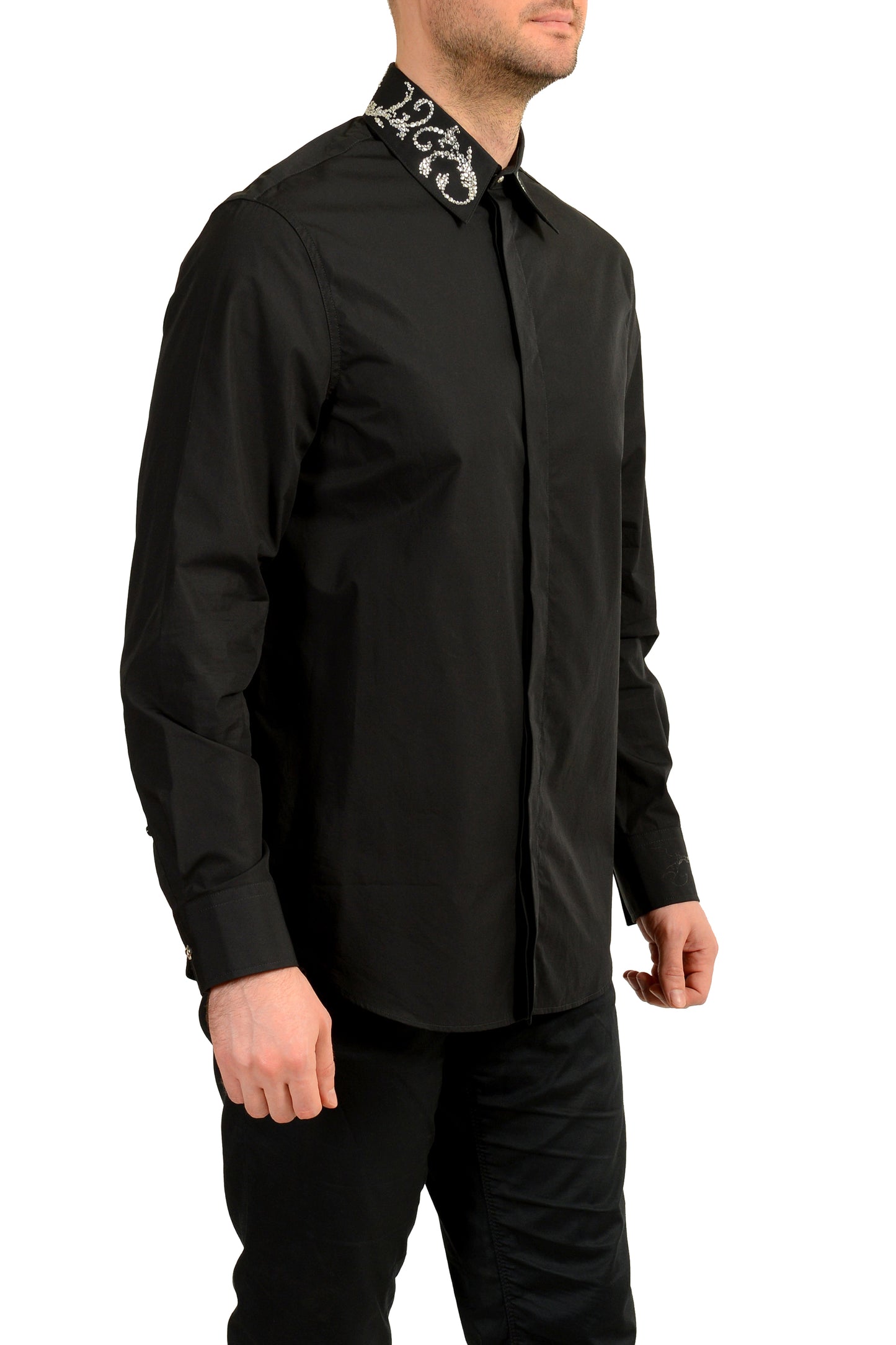 Versace Men's Black & Silver Collar Embellishments Long Sleeve Shirt US S IT 48