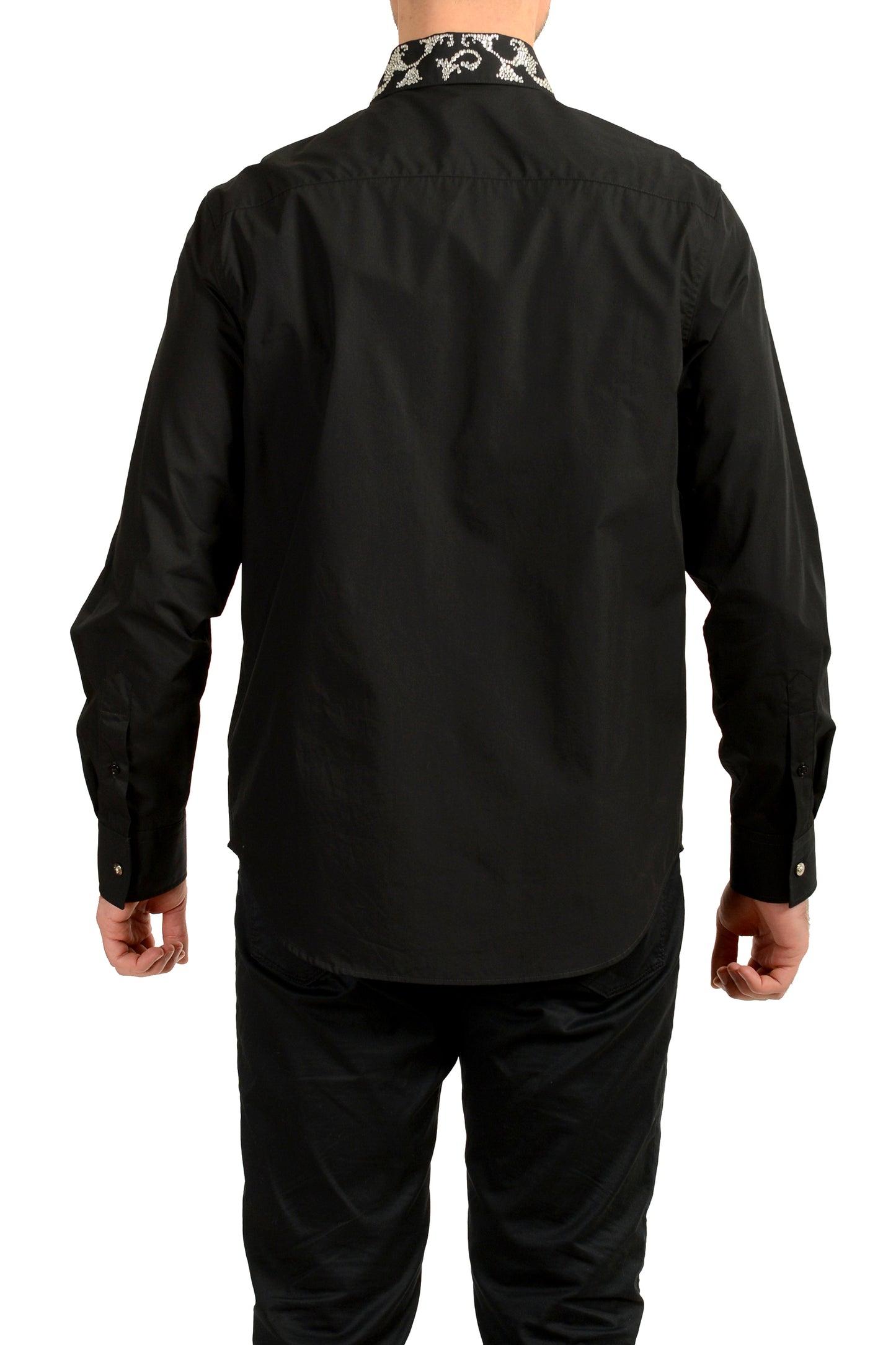 Versace Men's Black & Silver Collar Embellishments Long Sleeve Shirt US XL IT 54