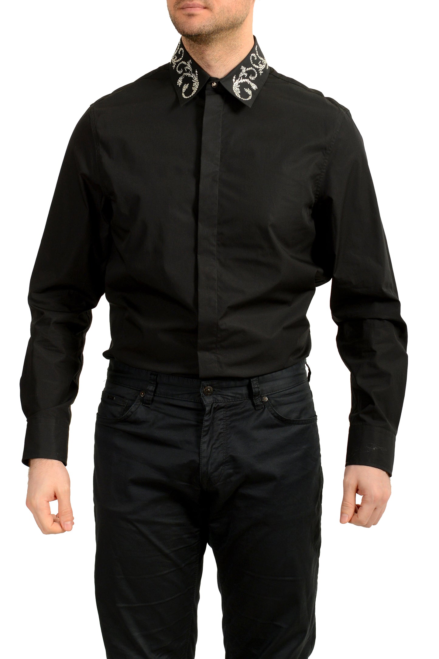 Versace Men's Black & Silver Collar Embellishments Long Sleeve Shirt US XL IT 54