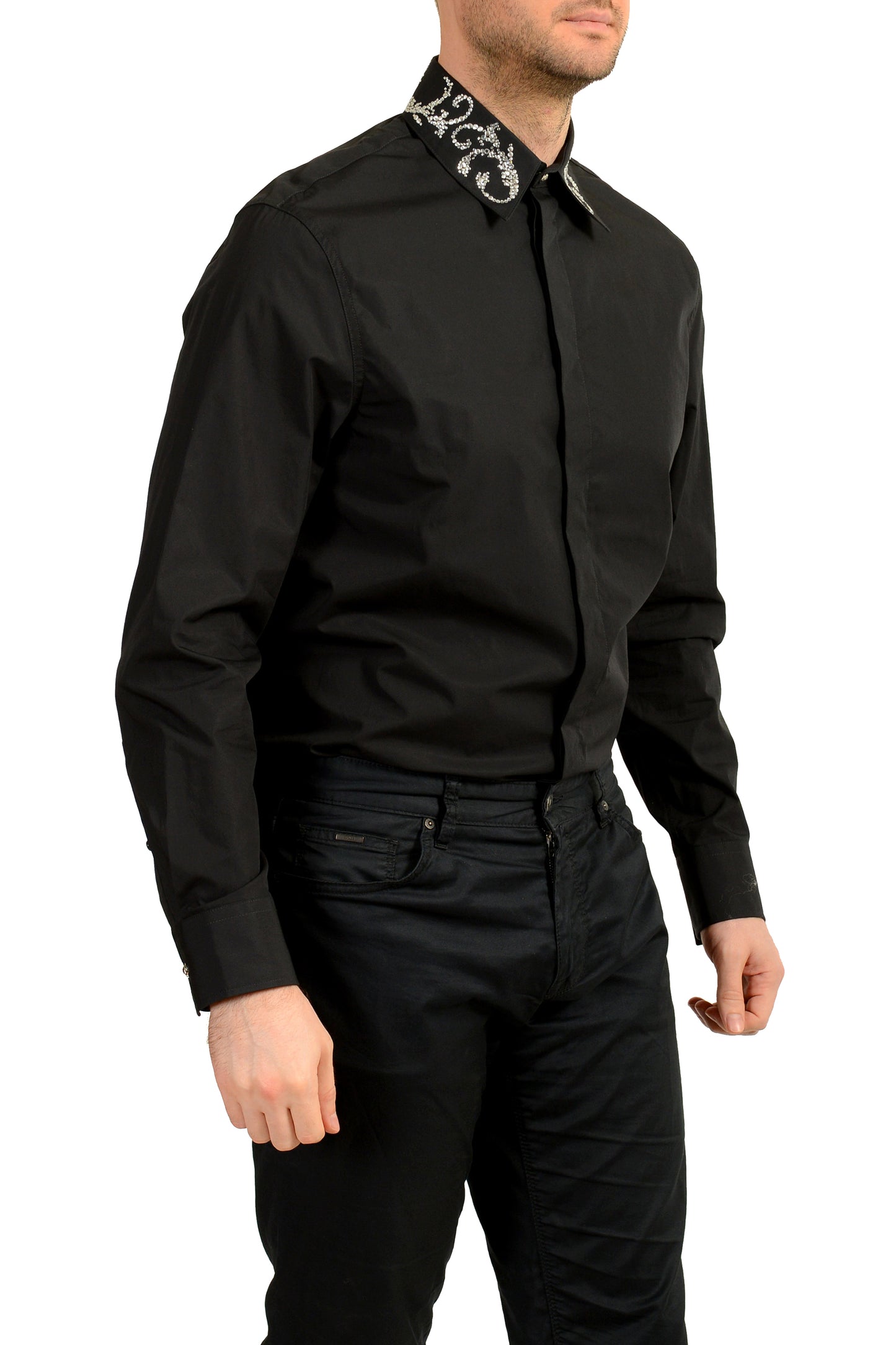 Versace Men's Black & Silver Collar Embellishments Long Sleeve Shirt US S IT 48