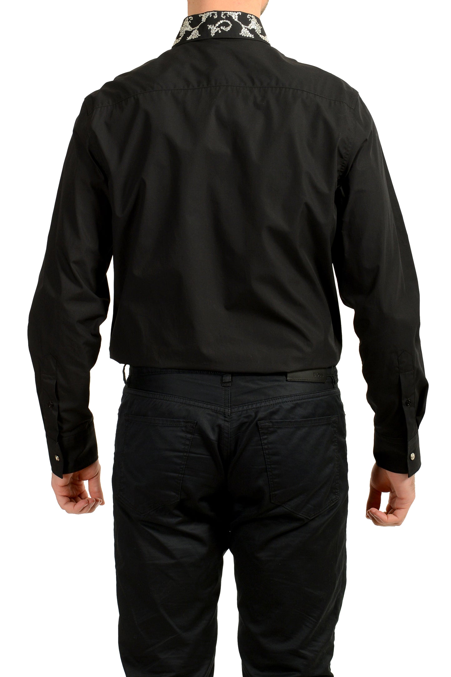 Versace Men's Black & Silver Collar Embellishments Long Sleeve Shirt US XL IT 54