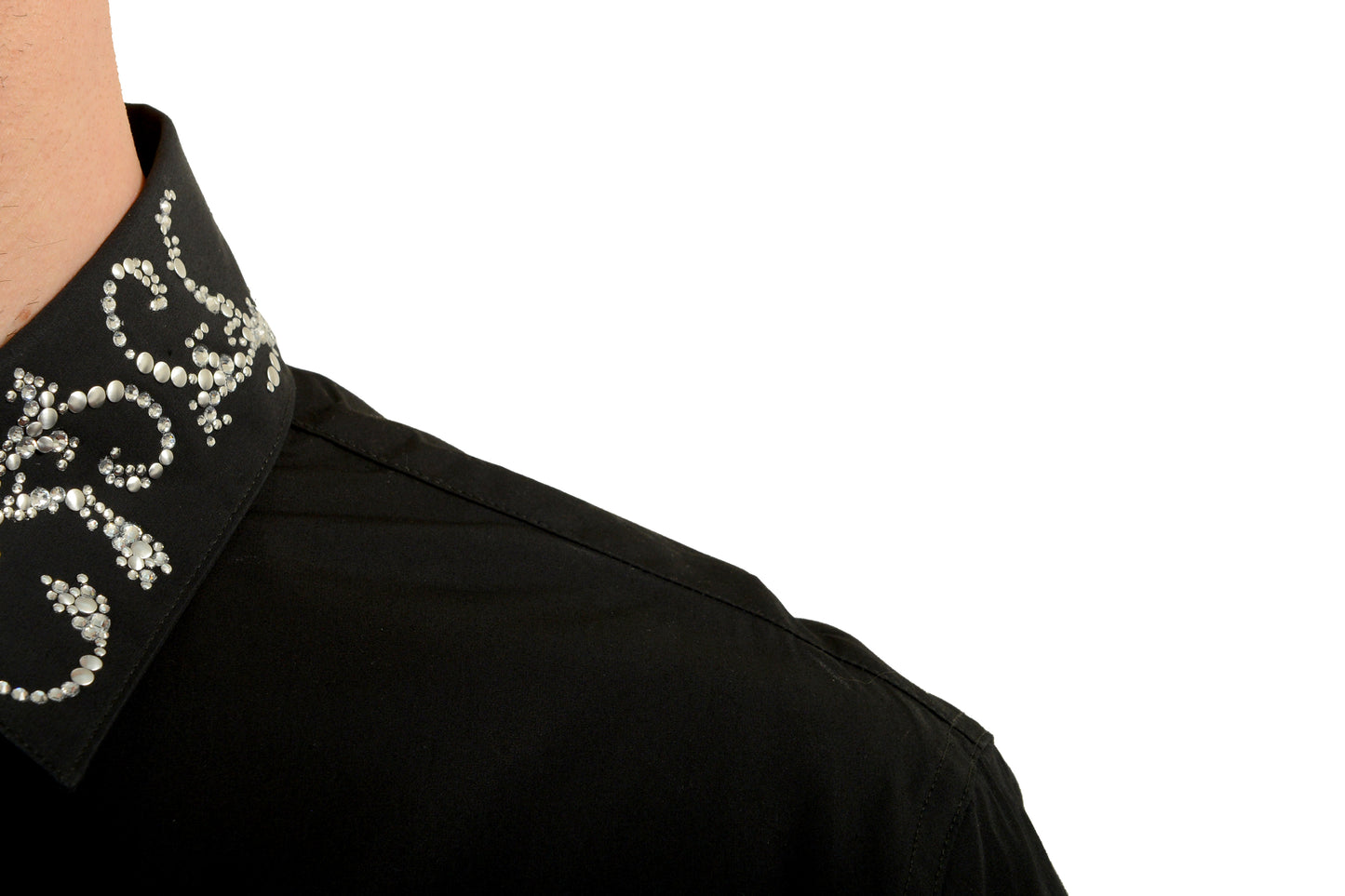 Versace Men's Black & Silver Collar Embellishments Long Sleeve Shirt US XL IT 54