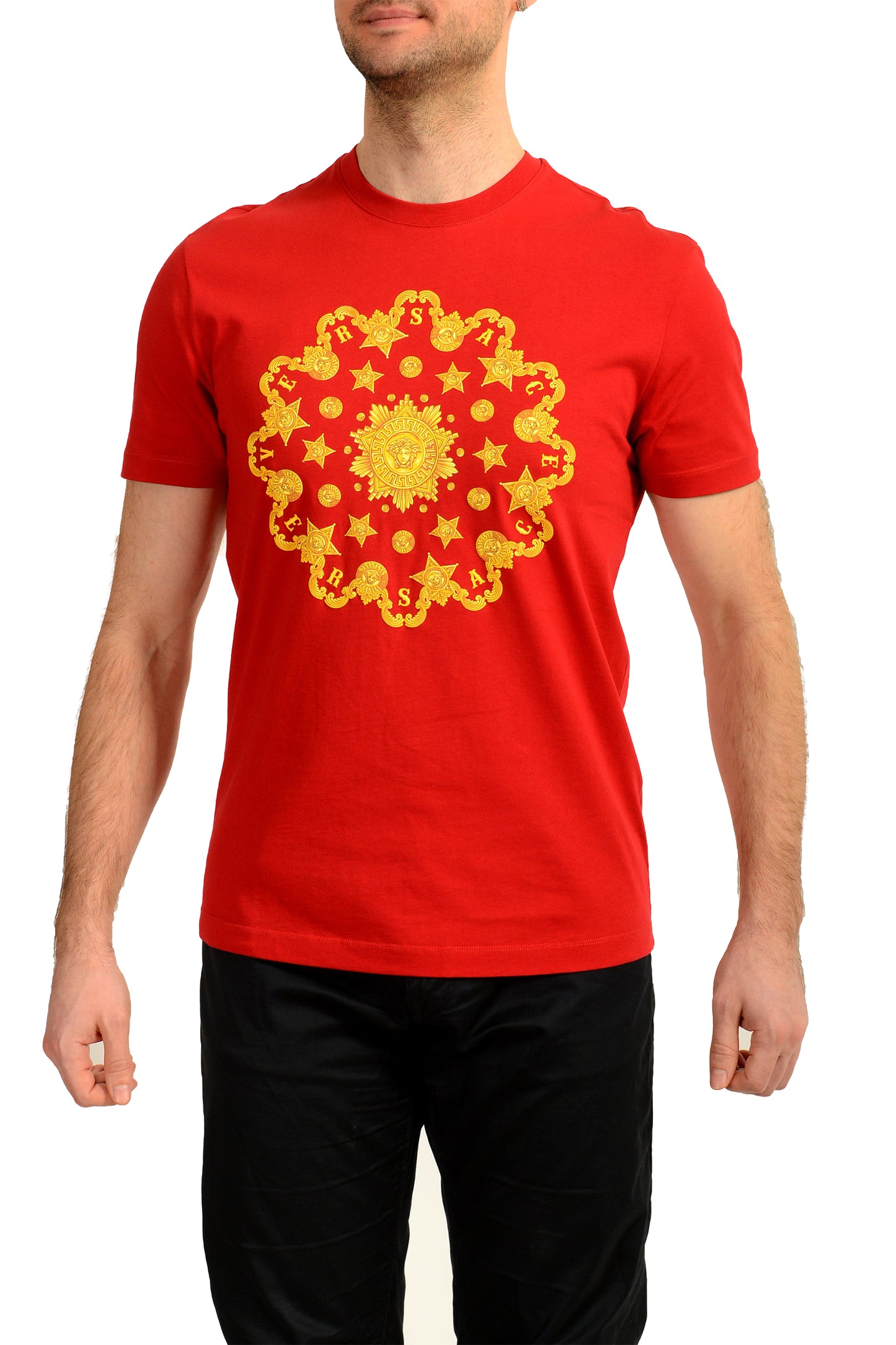 Versace Men's Red Gold Medusa Head Crewneck Short Sleeve T-Shirt US XS IT 46