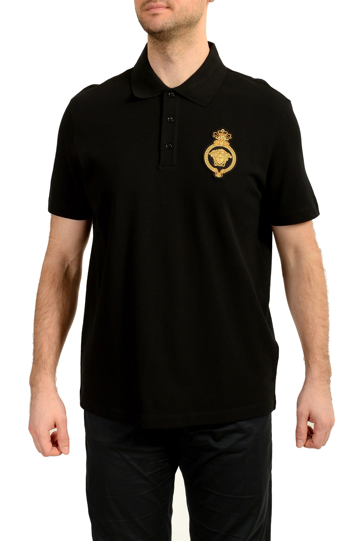 Versace Men's Black Logo Embroidery Short Sleeve Polo Shirt US XL IT 54