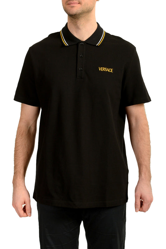Versace Men's Gold Logo Embroidery Black Short Sleeve Polo Shirt US 2XL IT 56
