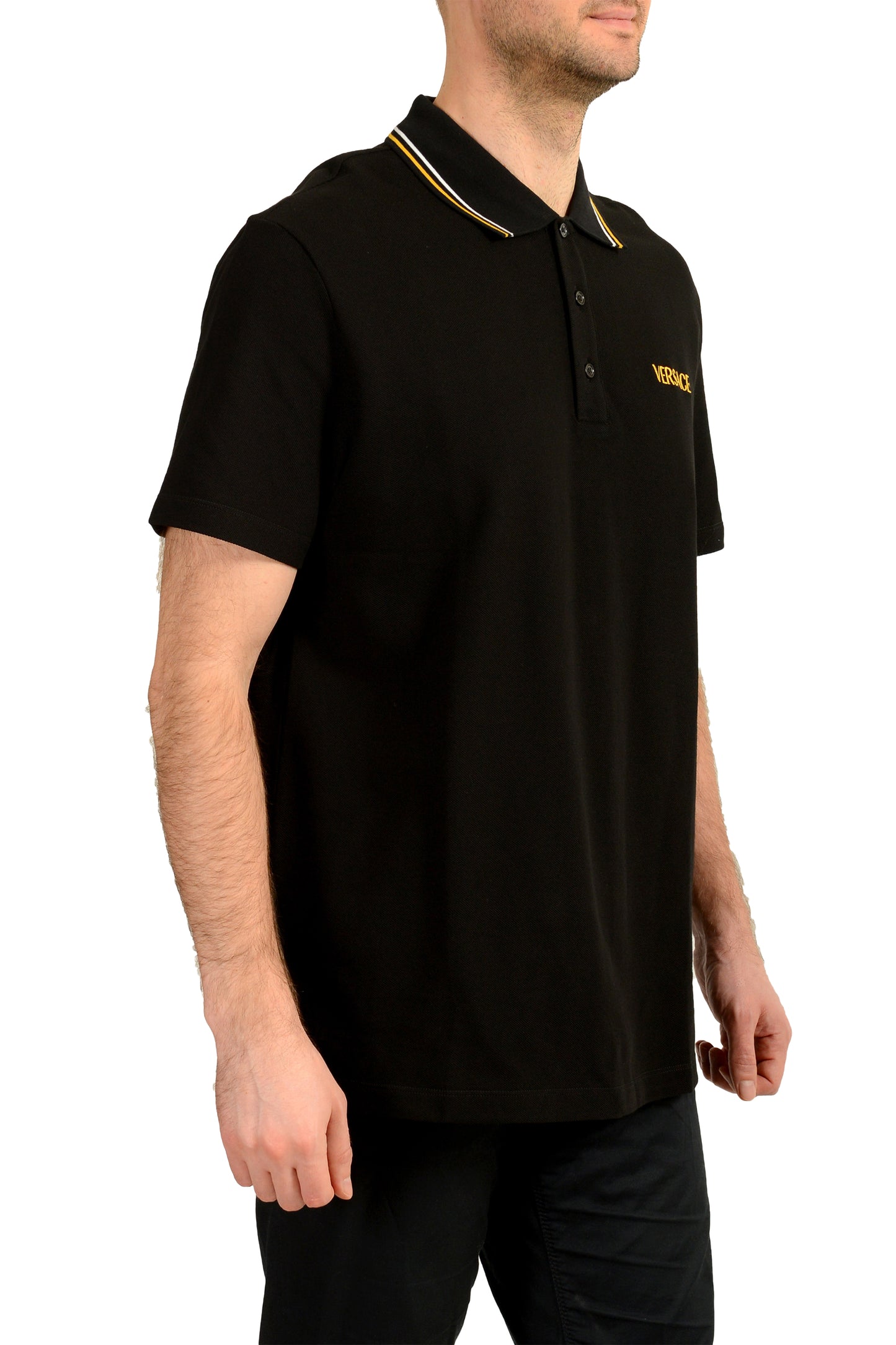 Versace Men's Gold Logo Embroidery Black Short Sleeve Polo Shirt US 2XL IT 56
