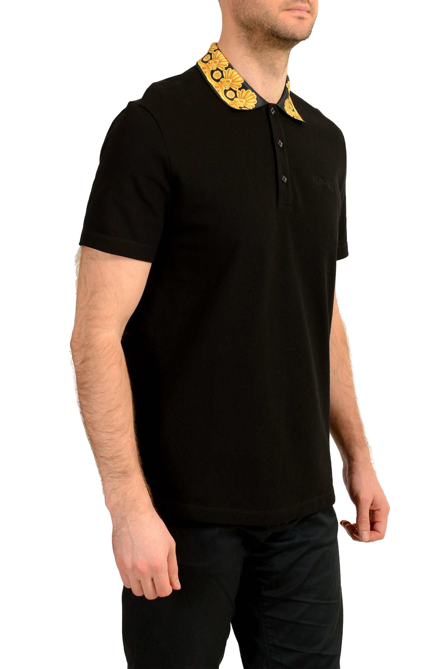 Versace Men's Black Barocco Print Short Sleeve Polo Shirt US XS IT 46