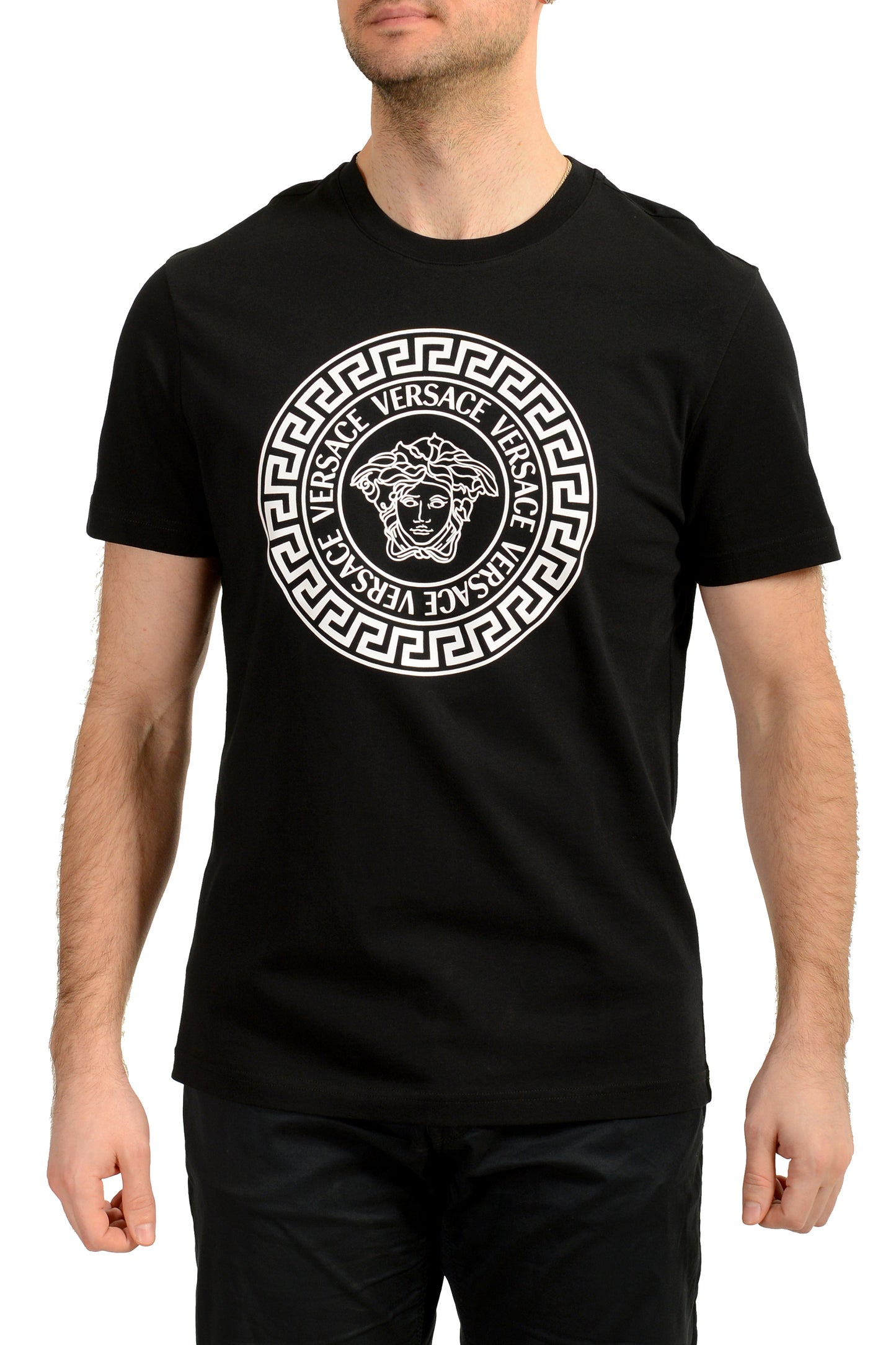 Versace Men's Black Logo Print Crewneck Short Sleeve T-Shirt US M IT 50