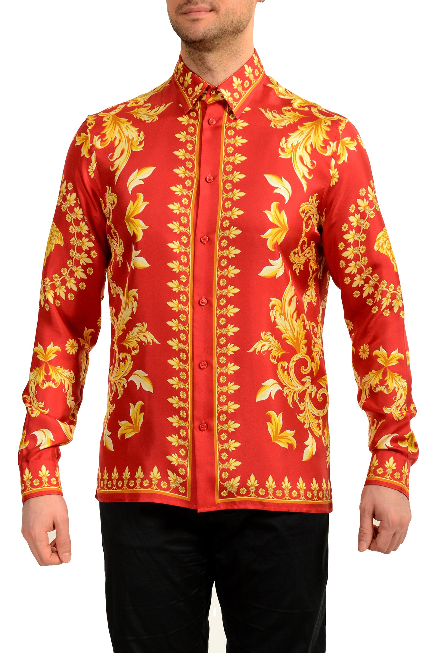 Versace Men's Signature Print 100% Silk Long Sleeve Shirt US XL IT 54
