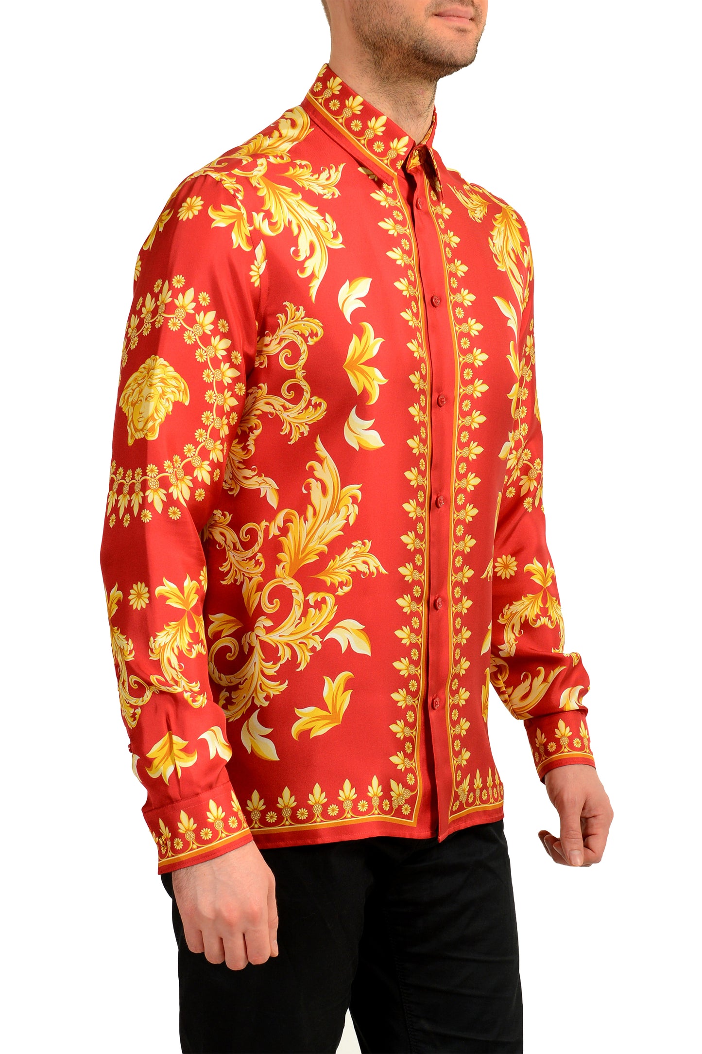 Versace Men's Signature Print 100% Silk Long Sleeve Shirt US XL IT 54