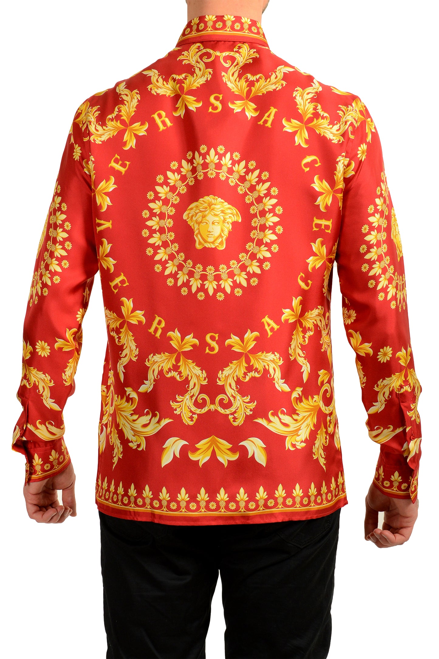 Versace Men's Signature Print 100% Silk Long Sleeve Shirt US XL IT 54