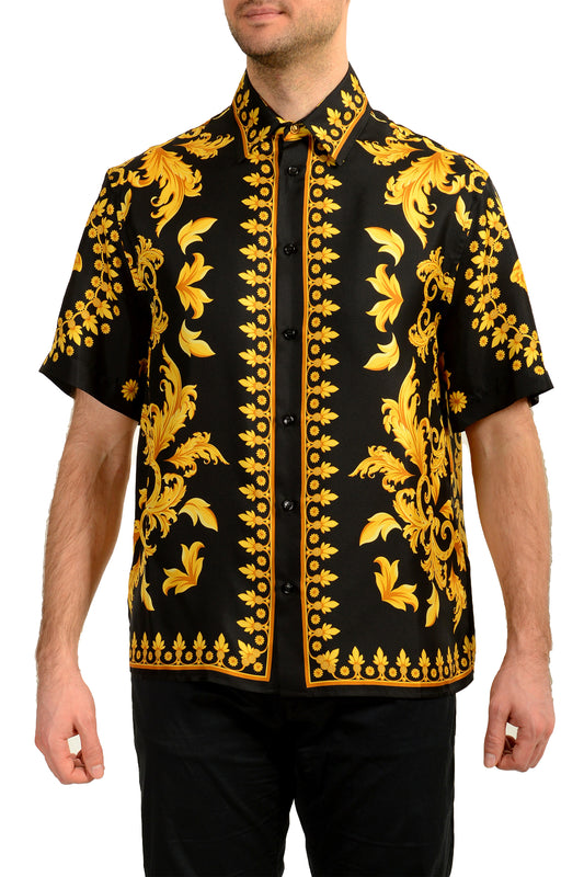 Versace Men's Signature Print Black & Gold Short Sleeve Shirt US L IT 52